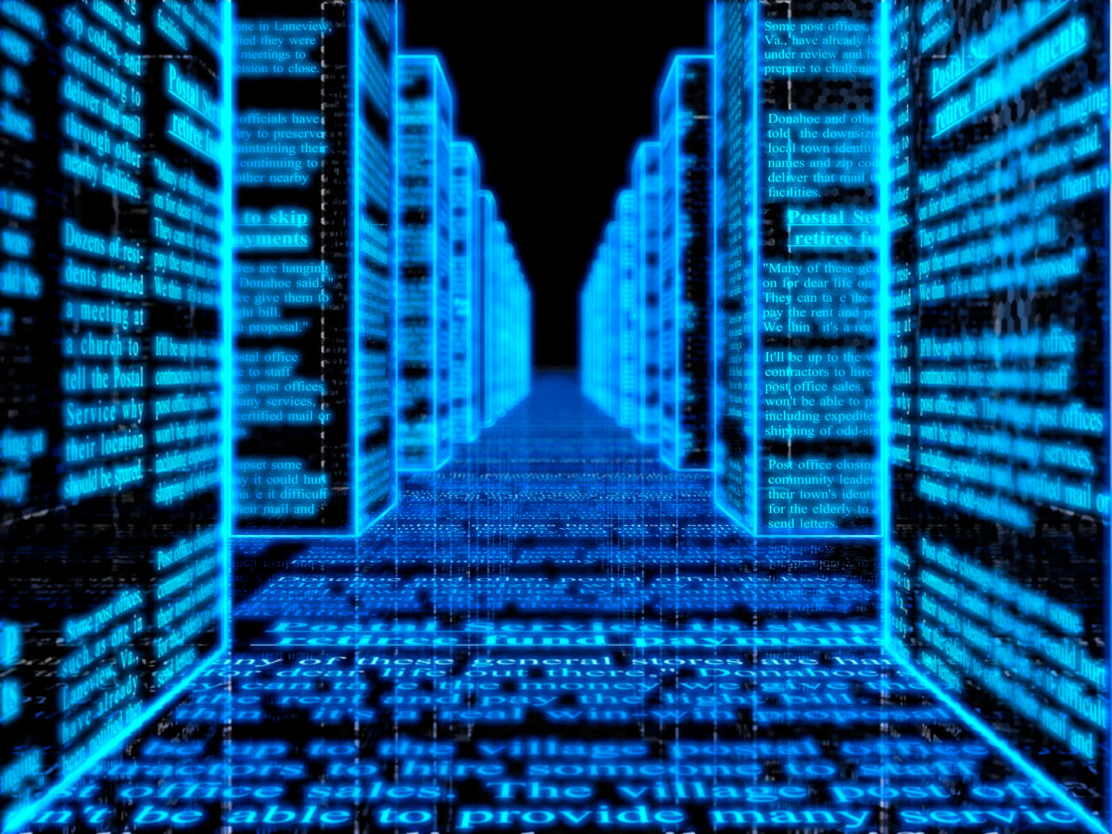 glowing blue digital corridor, floating text, server towers, HD Desktop Wallpaper