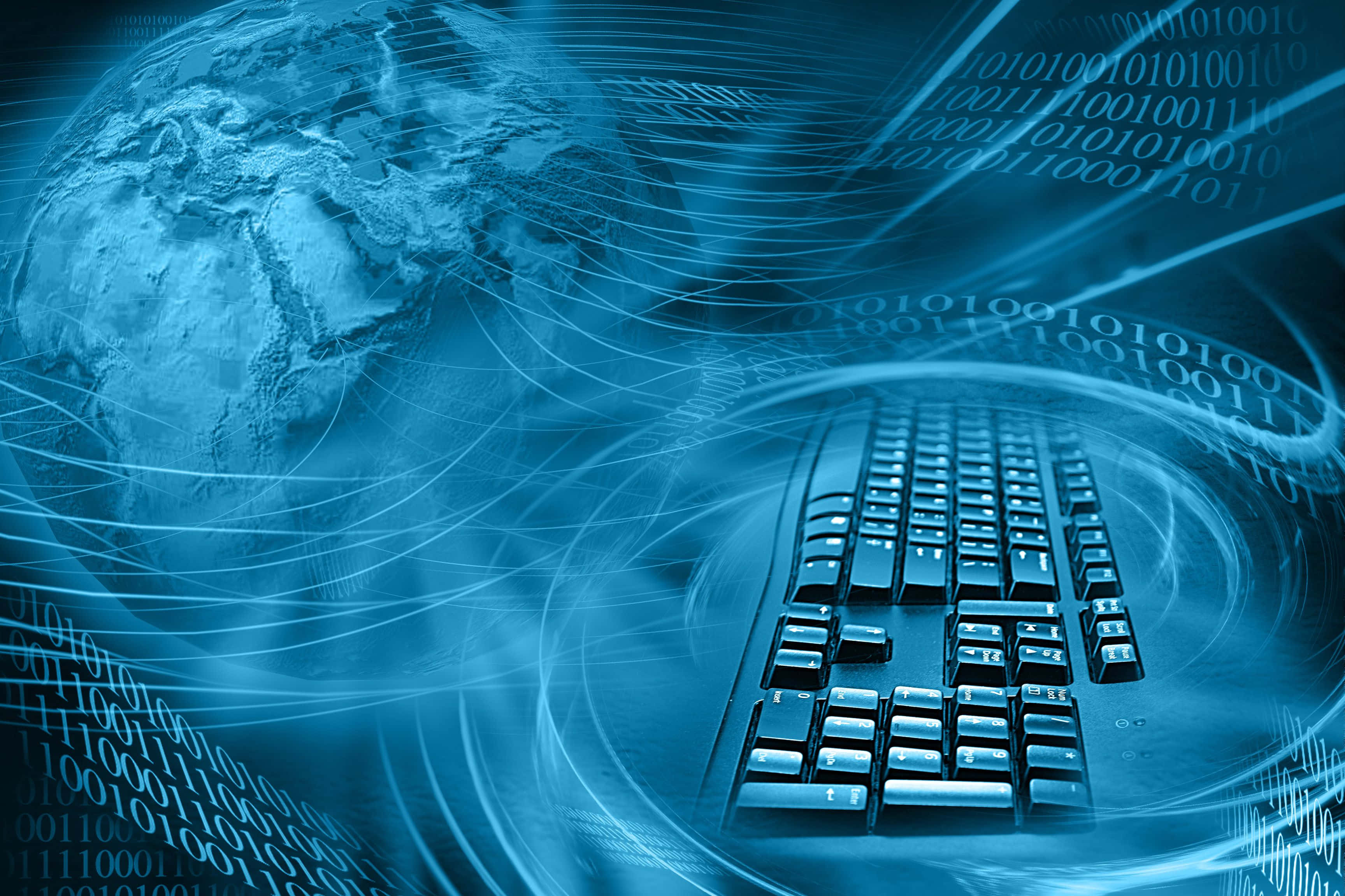 glowing blue keyboard, swirling data streams, digital globe, 2K Desktop Wallpaper