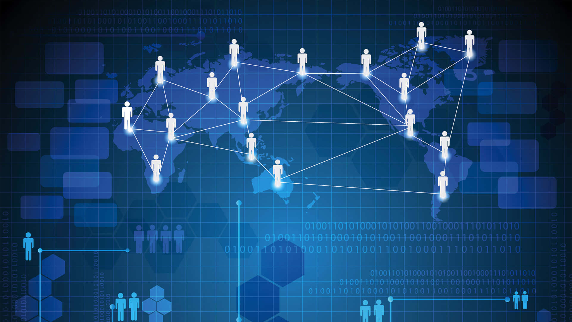 glowing blue digital network, human icons, world map, Full HD Desktop Wallpaper