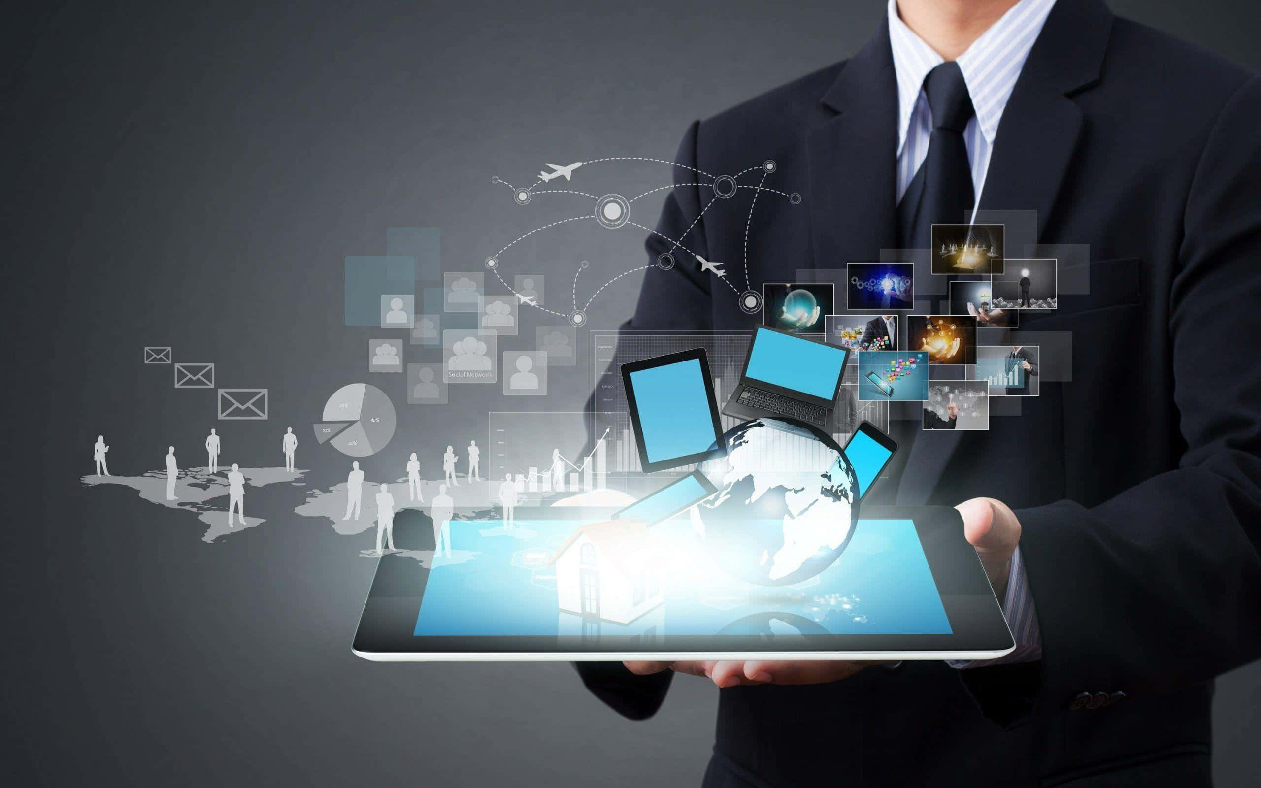 data management, businessman in a suit, tablet, 2K Desktop Wallpaper