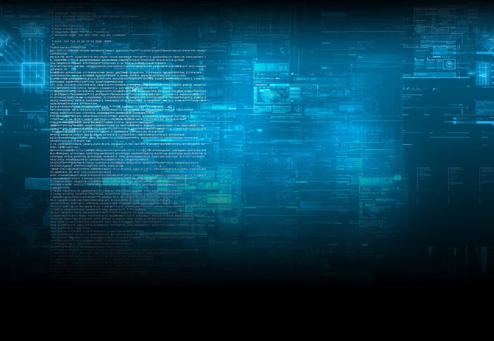 data management, glowing blue code, floating data panels, HD Desktop Wallpaper