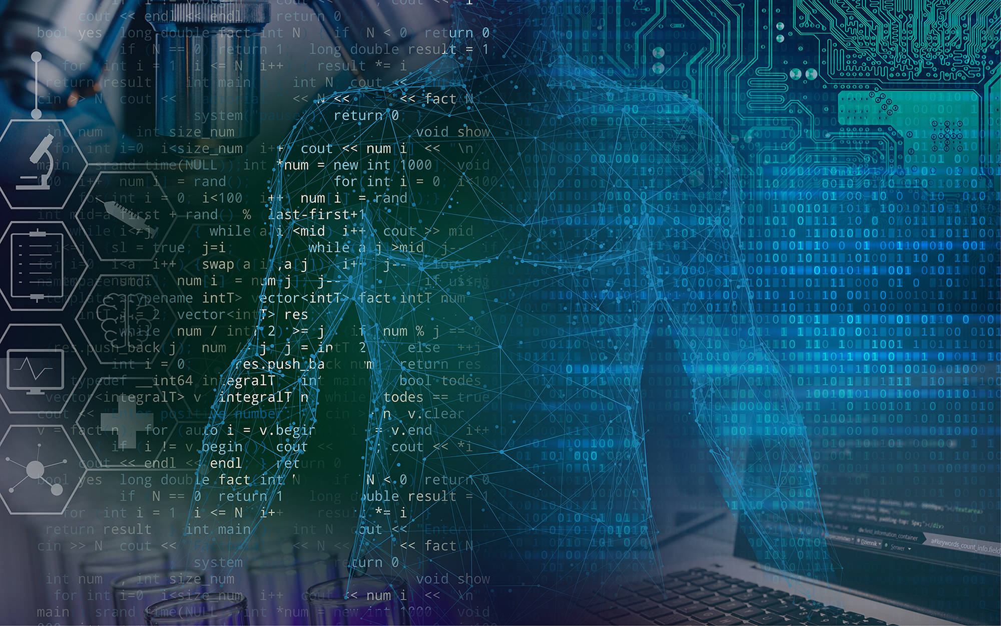 glowing blue, digital human silhouette, cascading code, Full HD Desktop Wallpaper