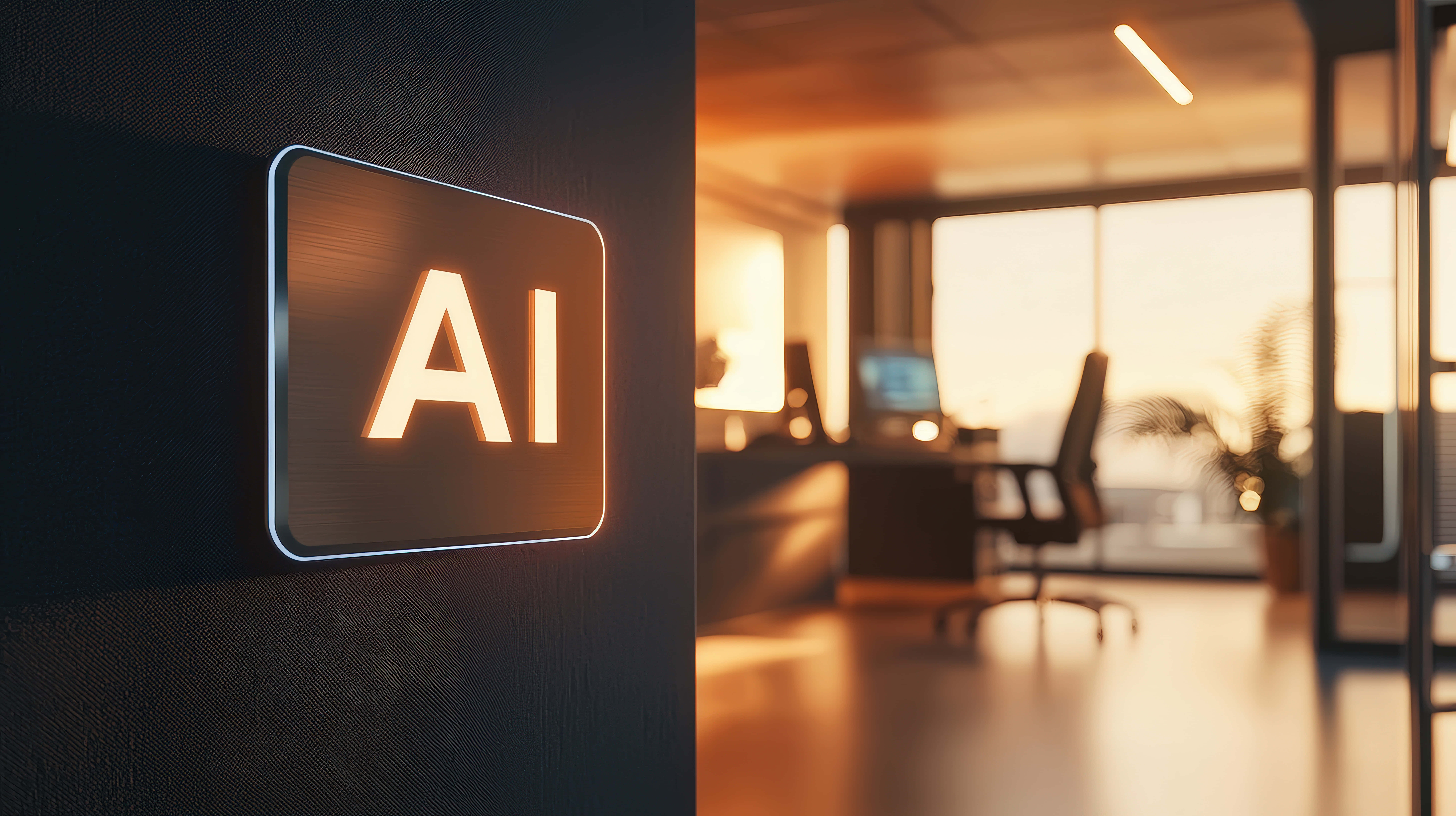 glowing AI sign, contemporary office setting, warm lighting, 8K Desktop Wallpaper