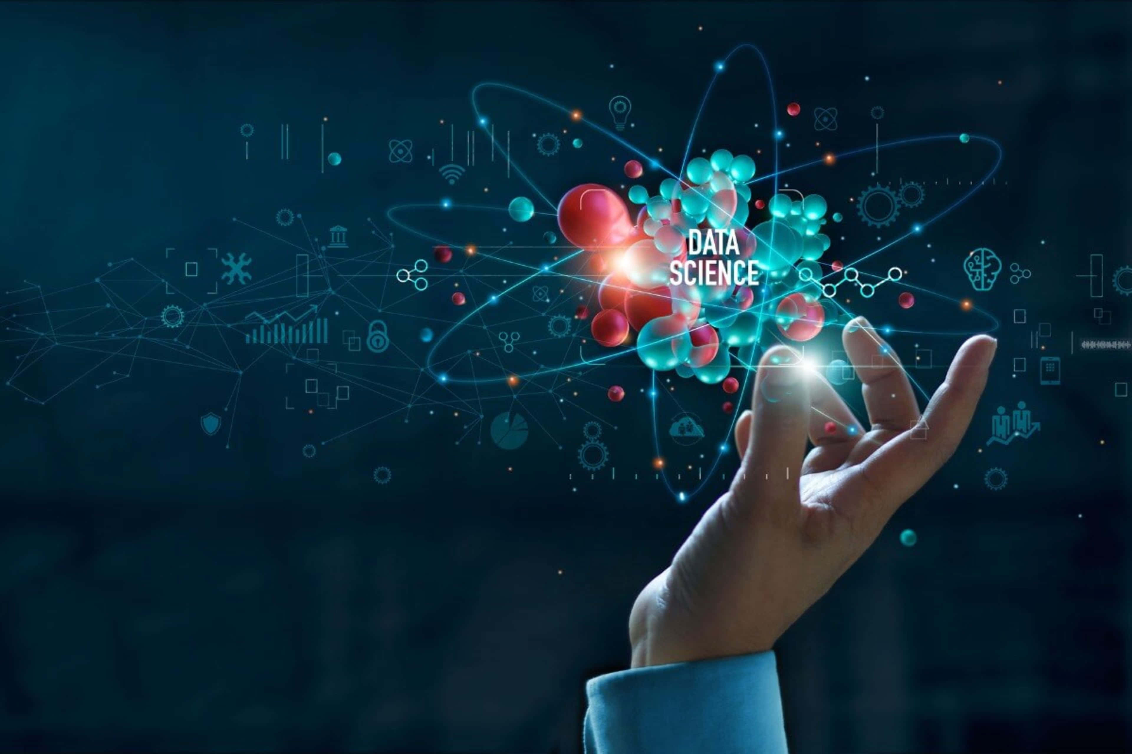 data science, glowing data science orb, floating tech icons, 4K Desktop Wallpaper