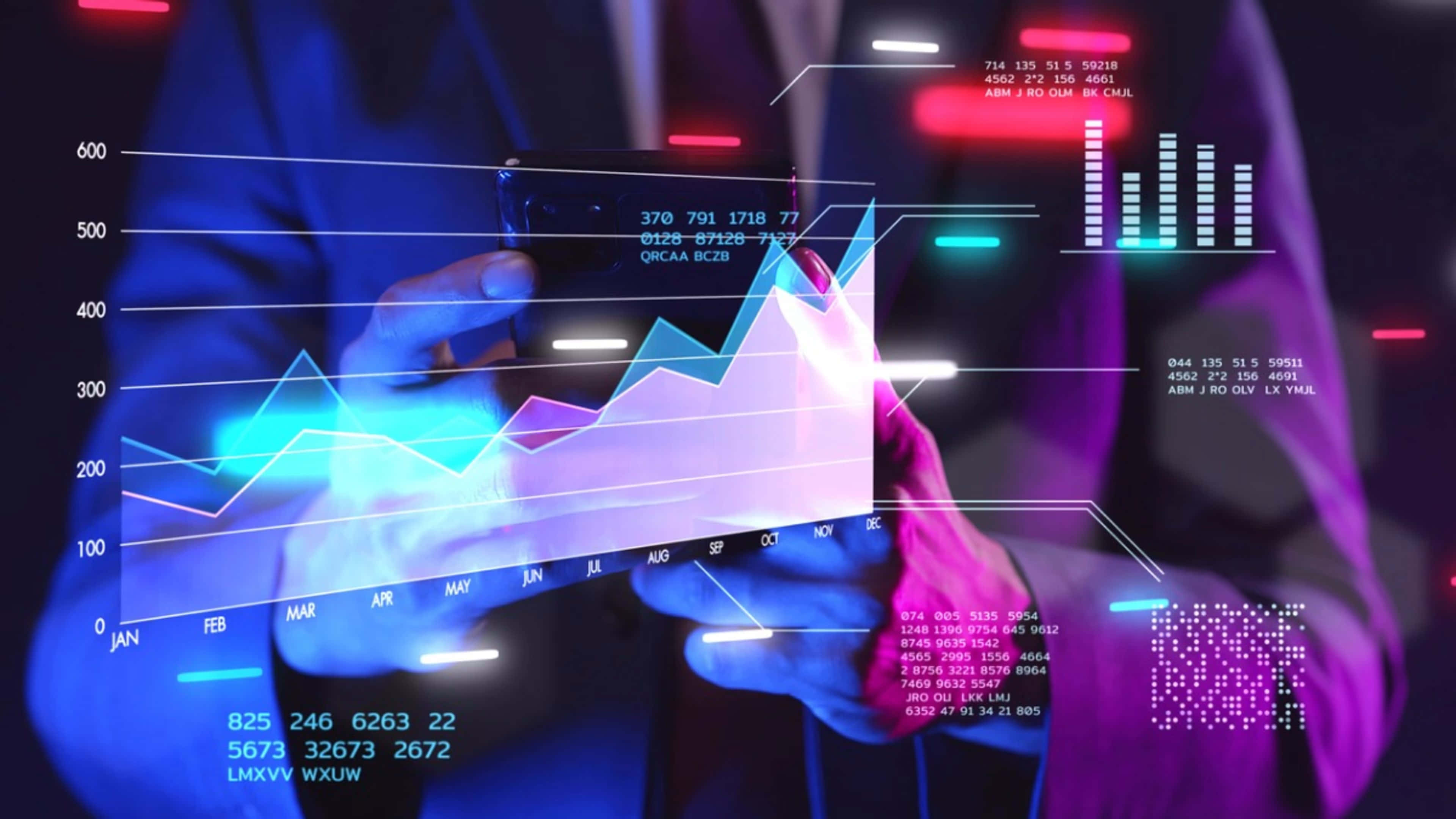 glowing holographic financial chart, rising lines, data metrics, 4K Desktop Wallpaper