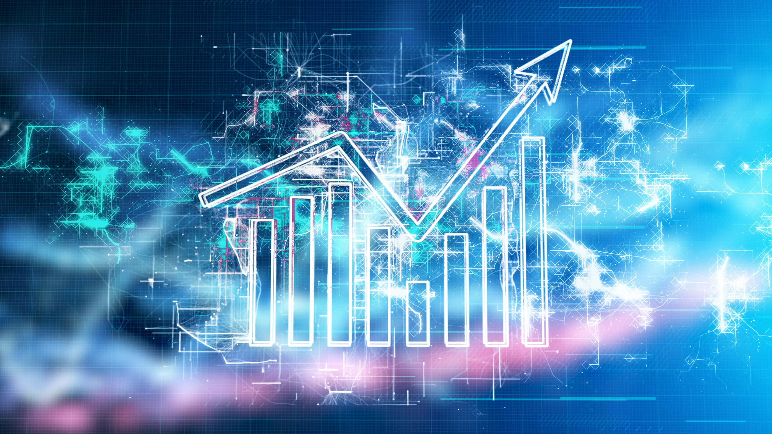 glowing white upward-trending graph, bar chart, blue digital grid, 2K Desktop Wallpaper