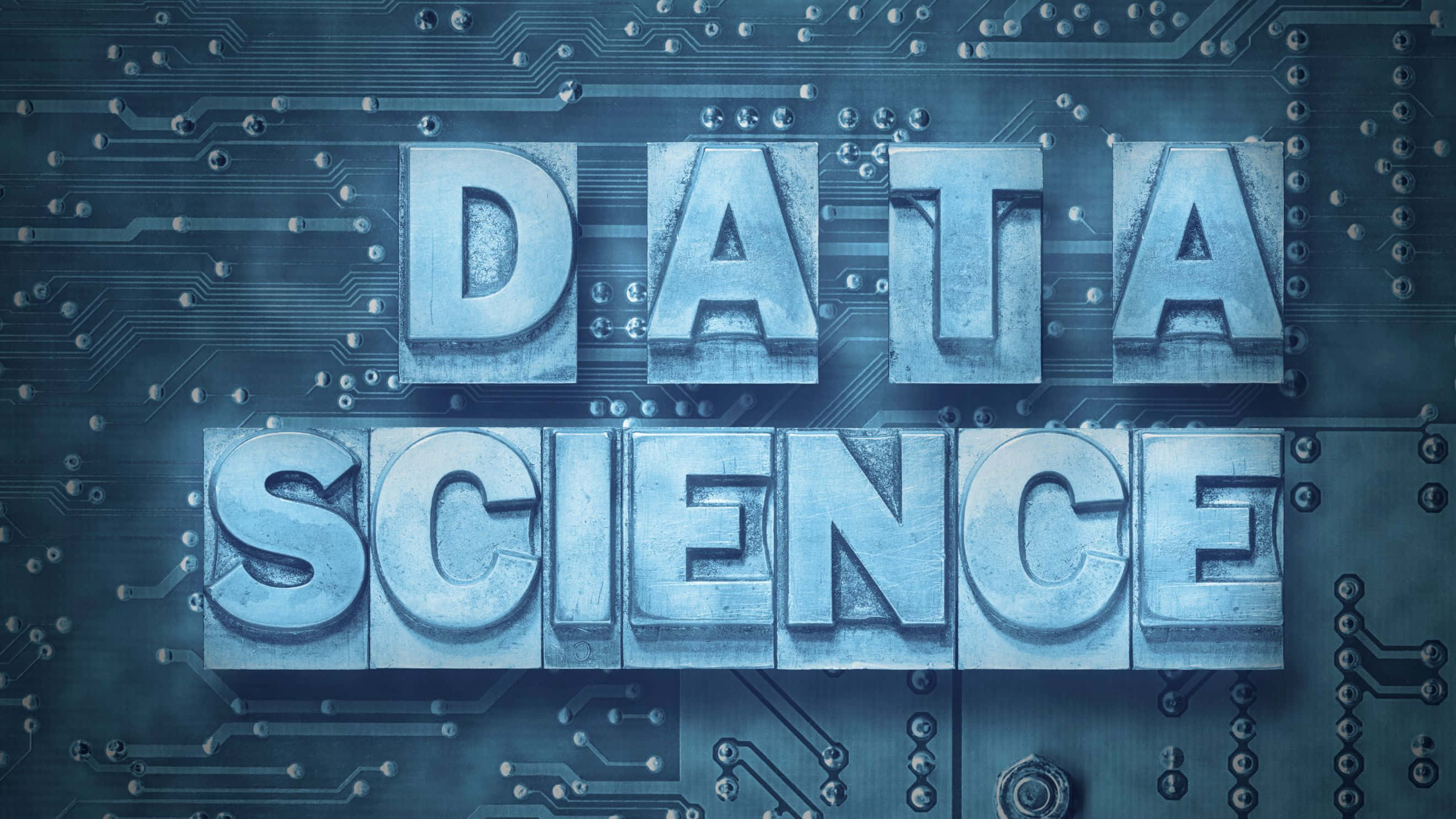 Data Science, metallic block letters, blue circuit board background, 2K Desktop Wallpaper