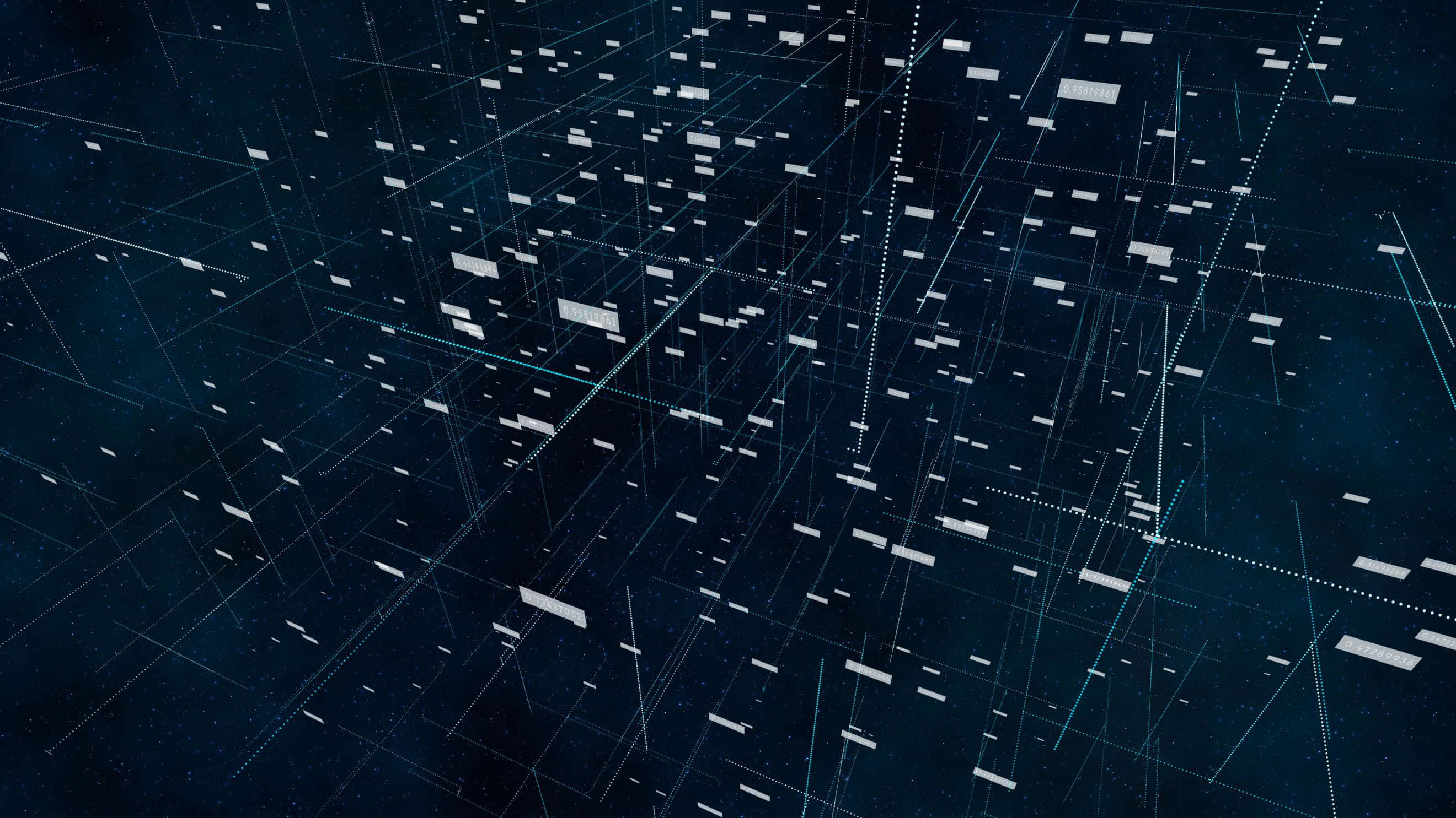 glowing white nodes, cyan lines, deep cosmic blue void, 2K Desktop Wallpaper