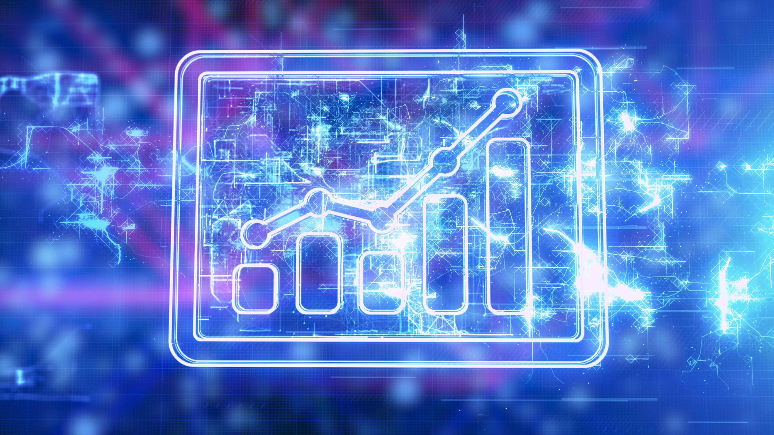 glowing blue digital interface, rising bar graph, line chart, 2K Desktop Wallpaper