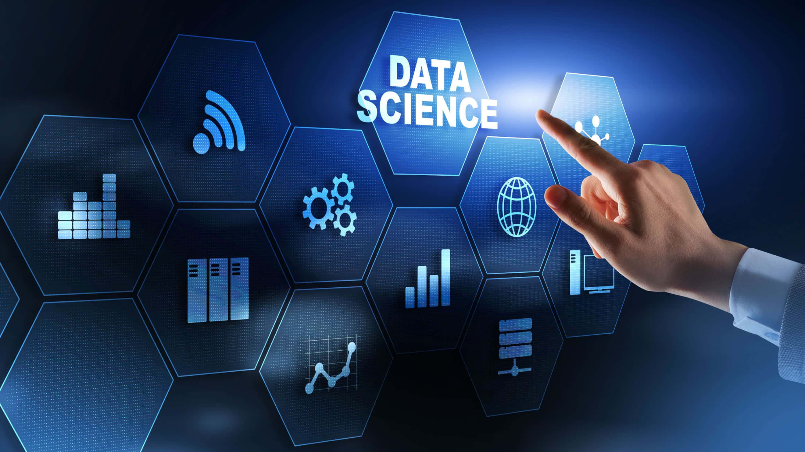 DATA SCIENCE, glowing hexagonal, futuristic blue digital interface, 2K Desktop Wallpaper