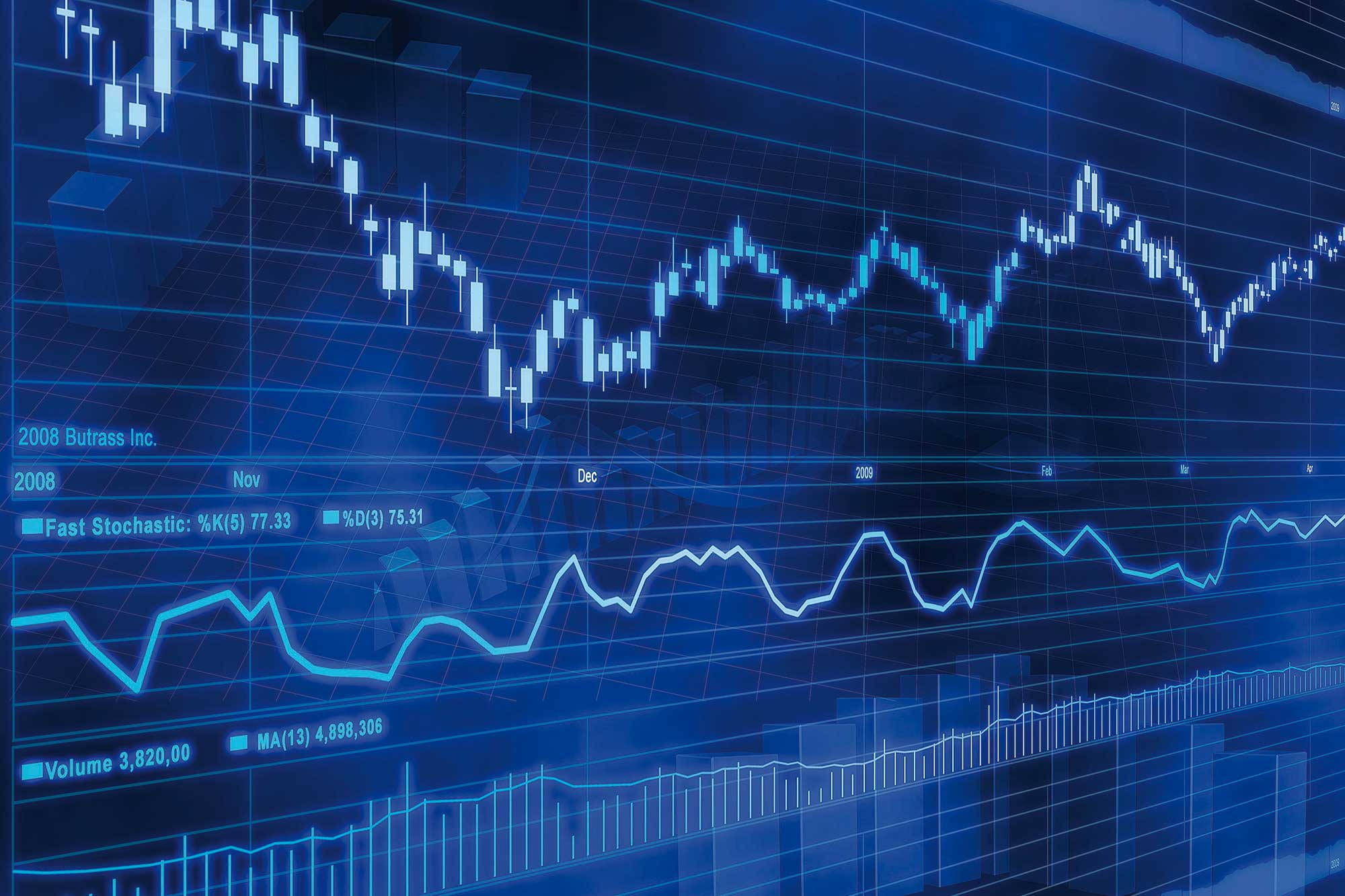 glowing blue financial chart, candlestick and line graphs, dark grid background, Full HD Desktop Wallpaper