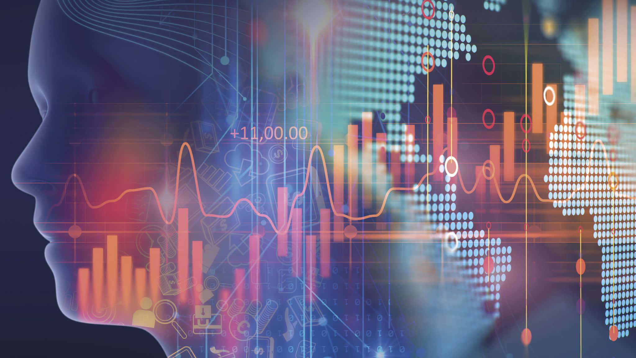 Data Driven Decision Making, glowing financial charts, pixelated world map, Full HD Desktop Wallpaper