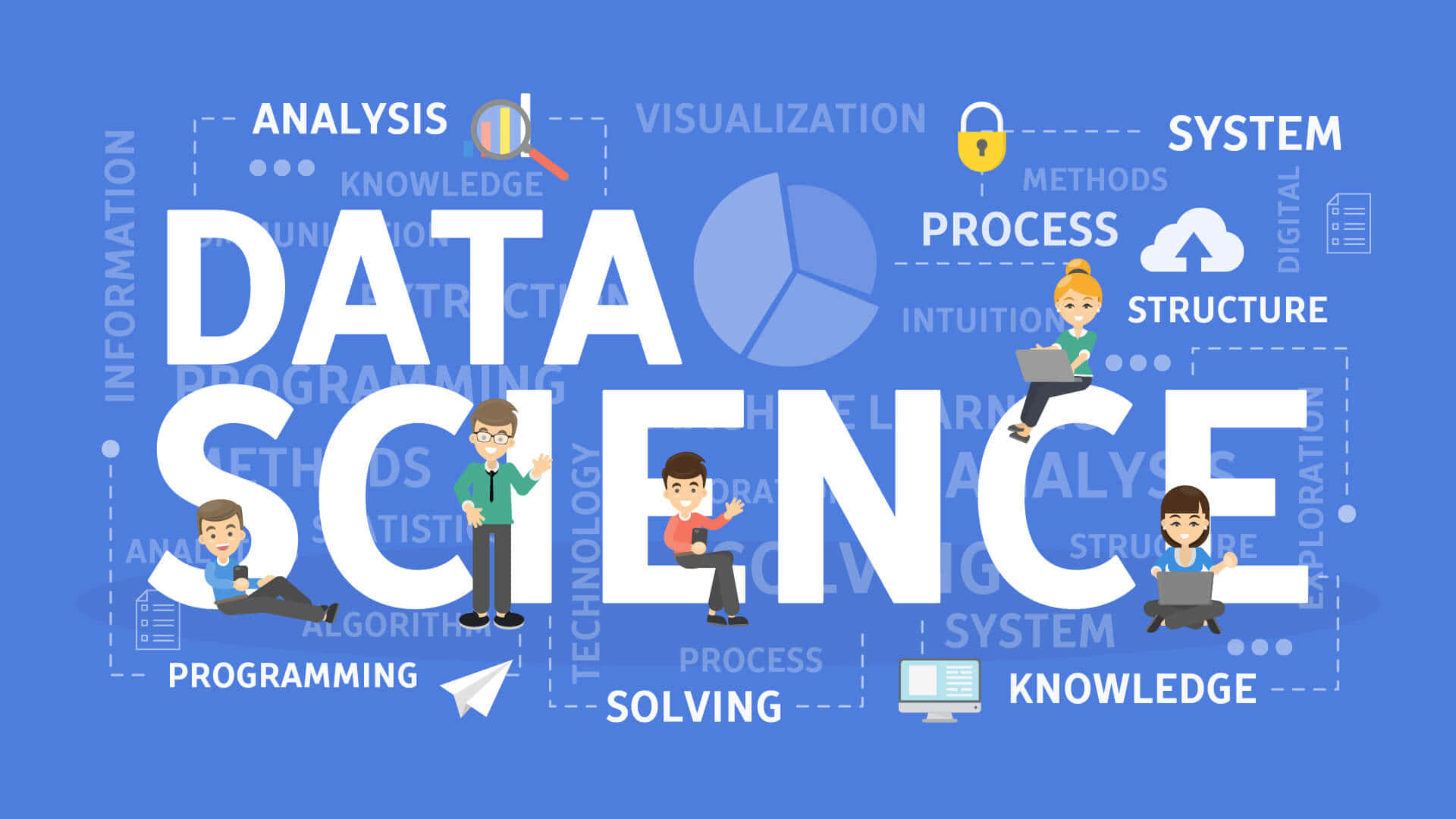 data science concepts, cartoon characters, large white text, Full HD Desktop Wallpaper