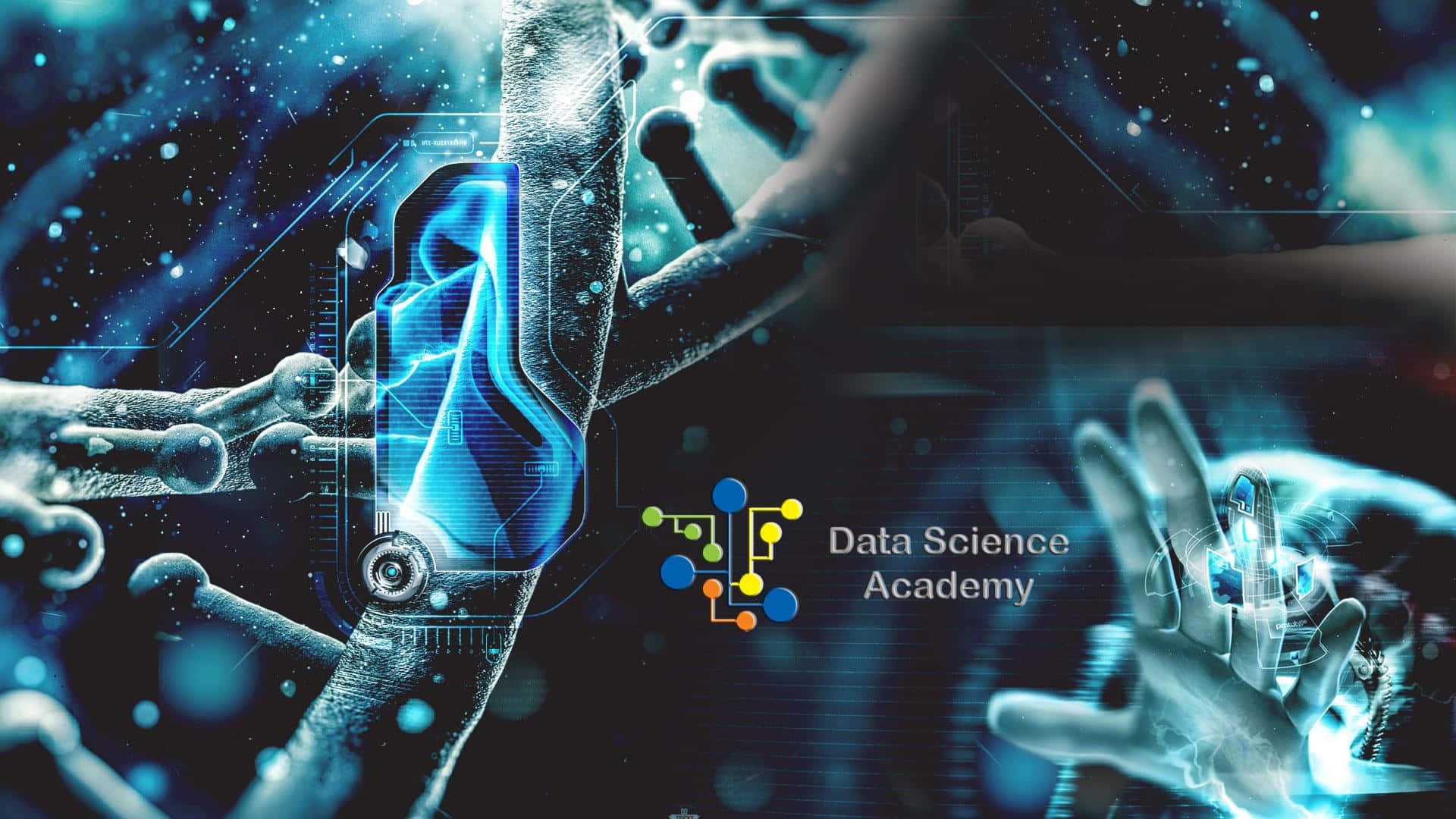 glowing blue digital interfaces, DNA strands, cosmic starry background, Full HD Desktop Wallpaper