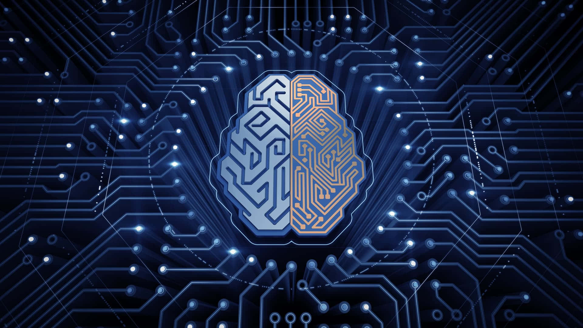 artificial intelligence, circuit board, blue and gold circuitry, Full HD Desktop Wallpaper