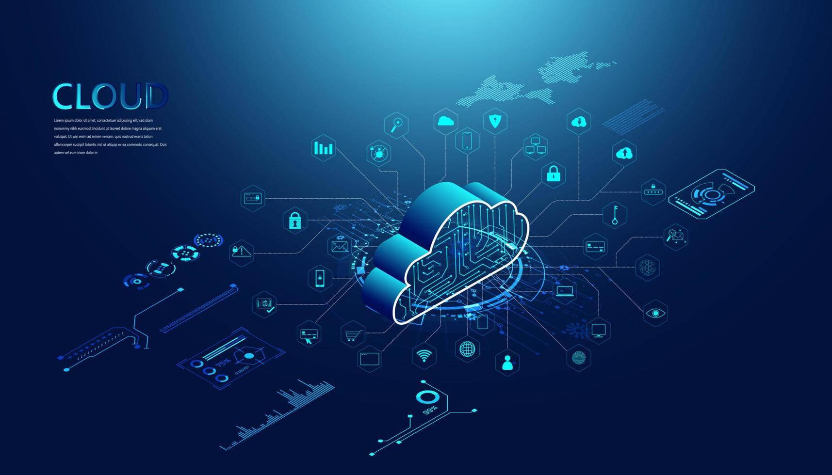 Dynamic Cloud Server, glowing blue cloud icon, circuitry patterns, HD Desktop Wallpaper