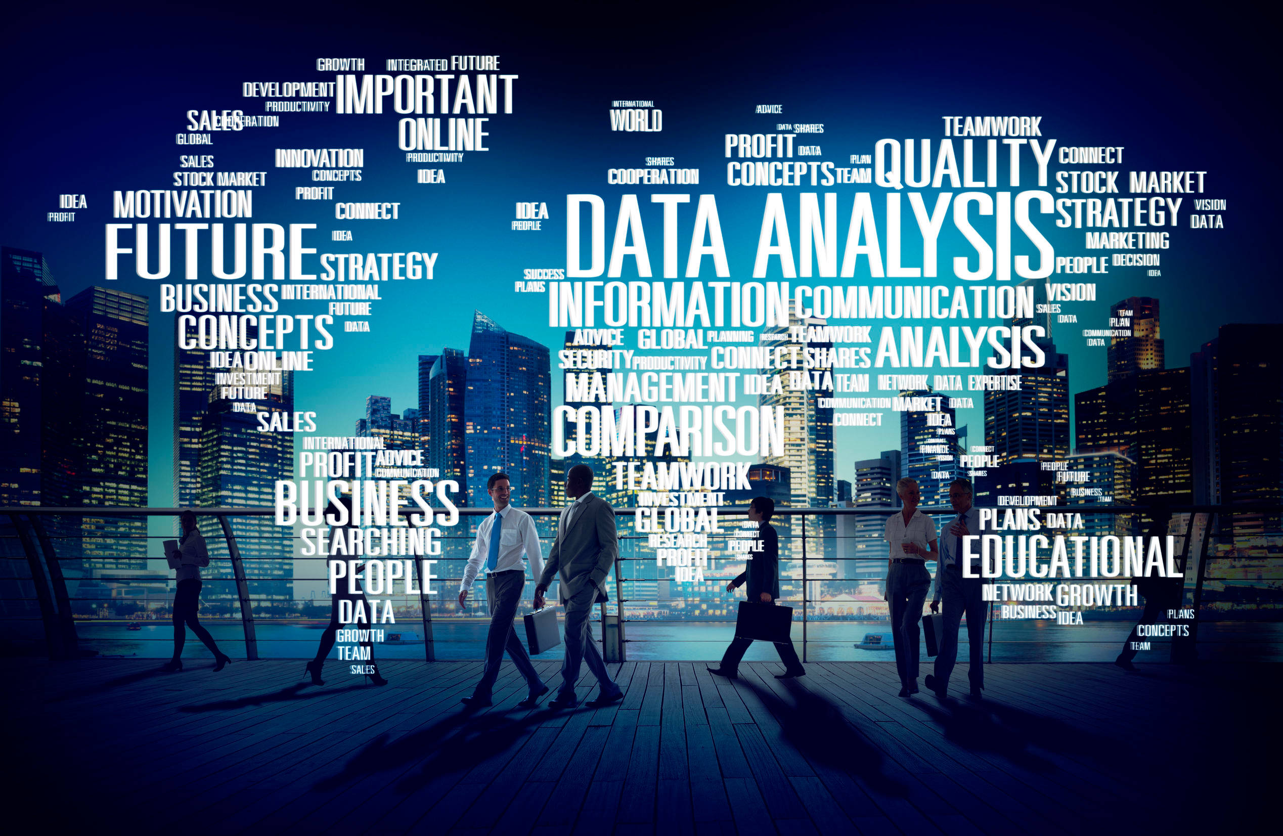 Data Analysis Business Presentation, wooden deck, glowing city skyline, Full HD Desktop Wallpaper