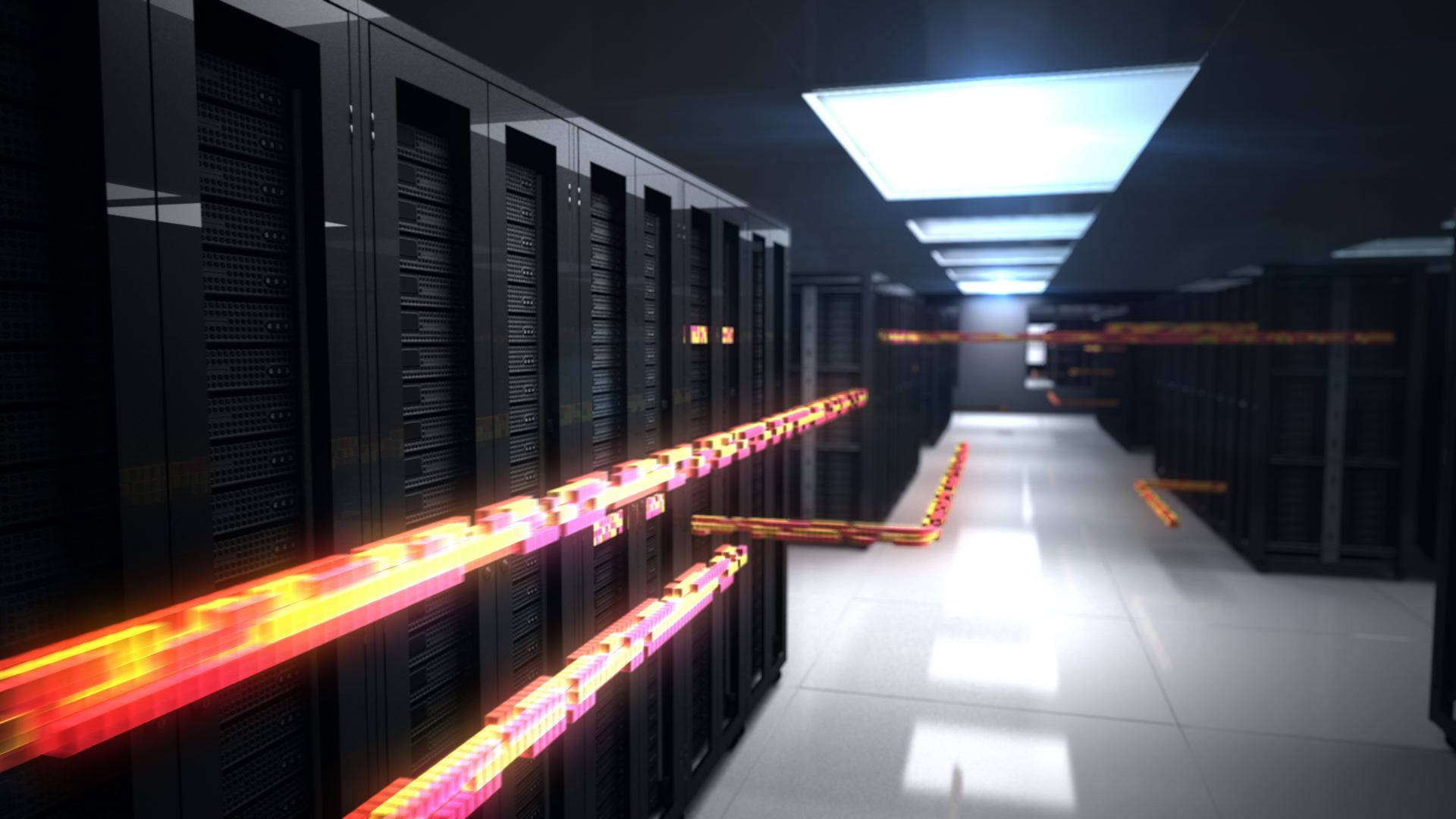 modern data center infrastructure, glowing orange data cables, black server racks, Full HD Desktop Wallpaper