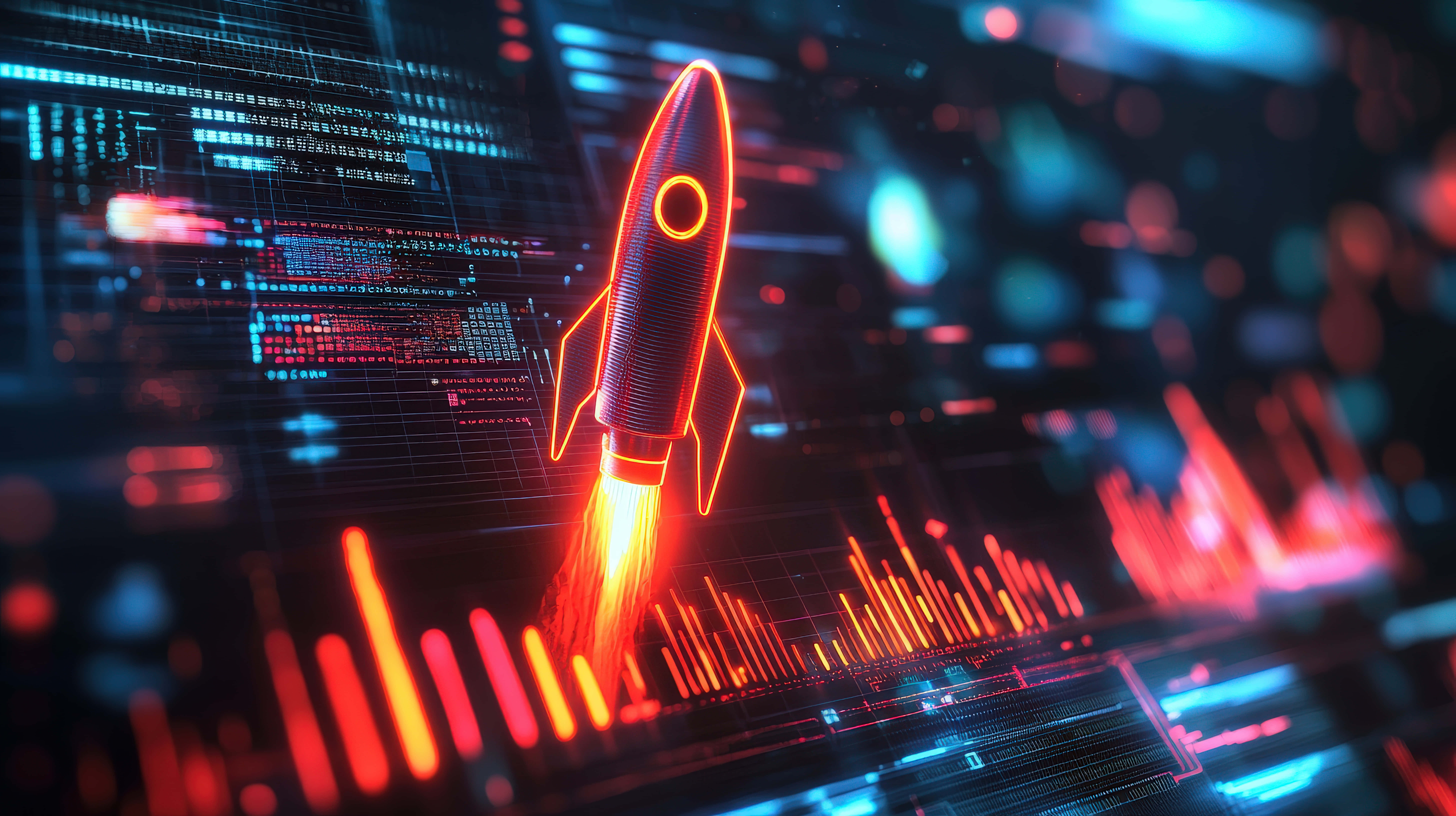 glowing orange rocket, neon blue and red data streams, digital graph, 8K Desktop Wallpaper