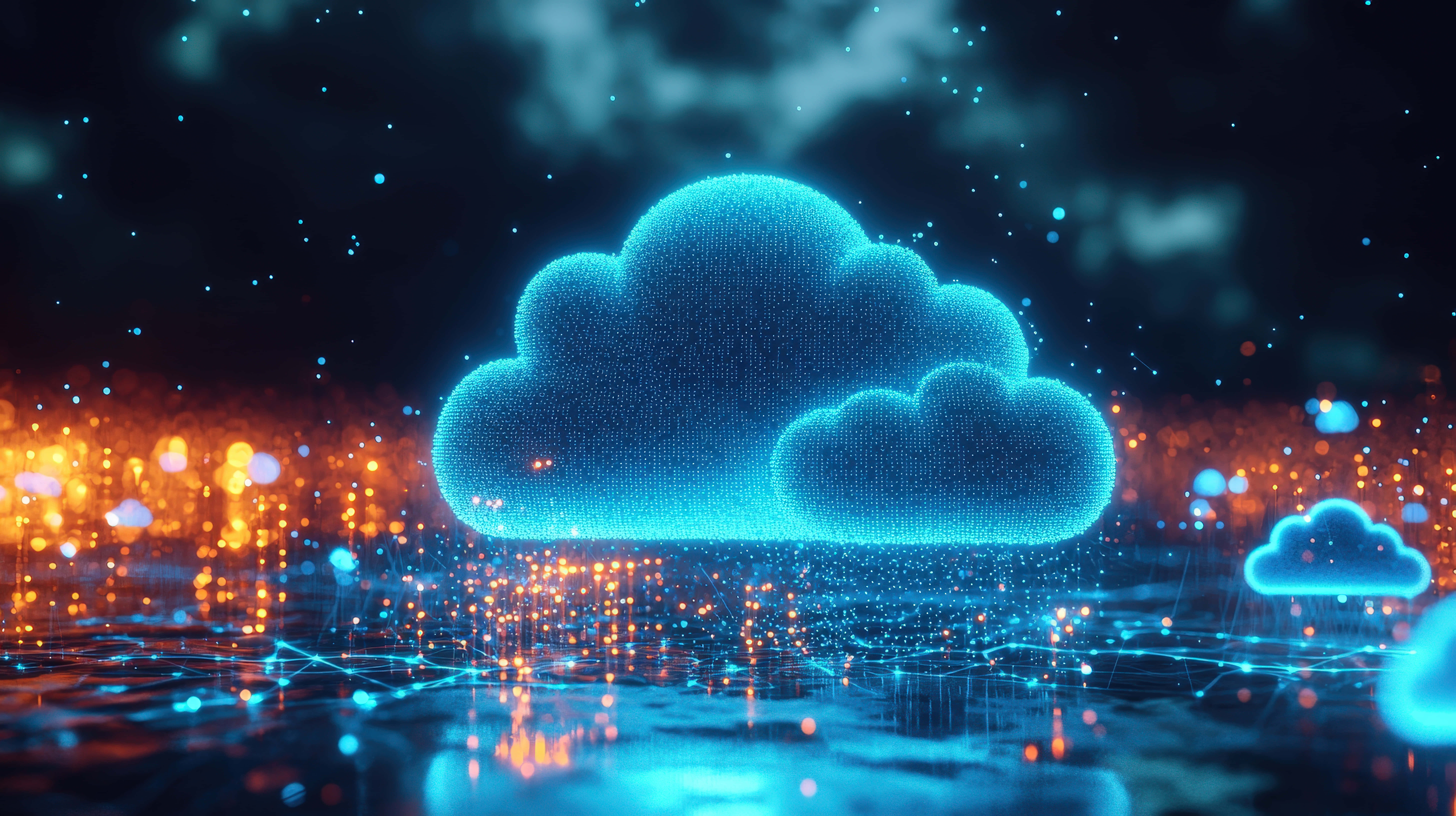 glowing blue digital cloud, particles, reflective surface, 8K Desktop Wallpaper