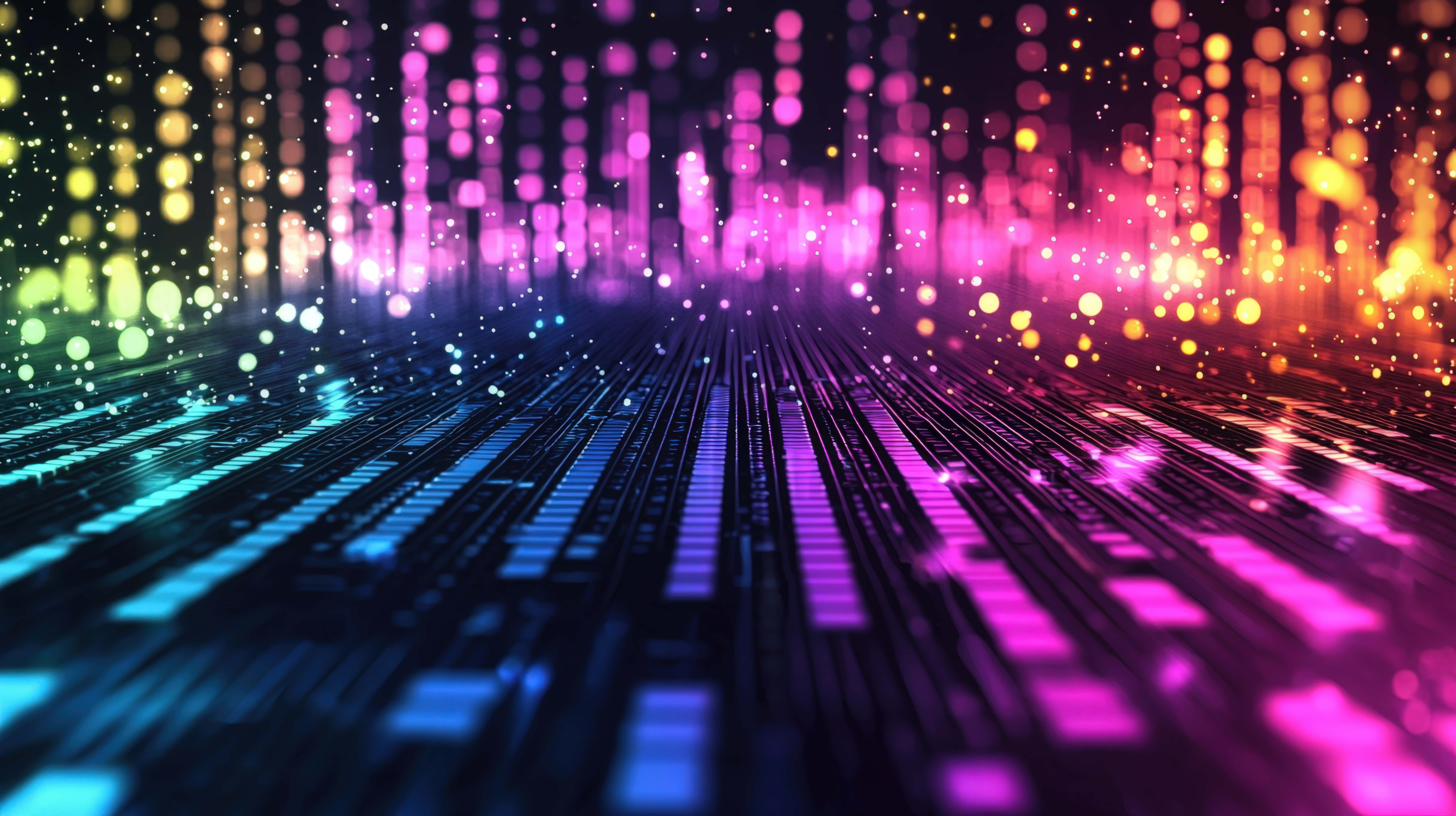 futuristic digital tunnel, glowing neon bars, bokeh lights, 8K Desktop Wallpaper