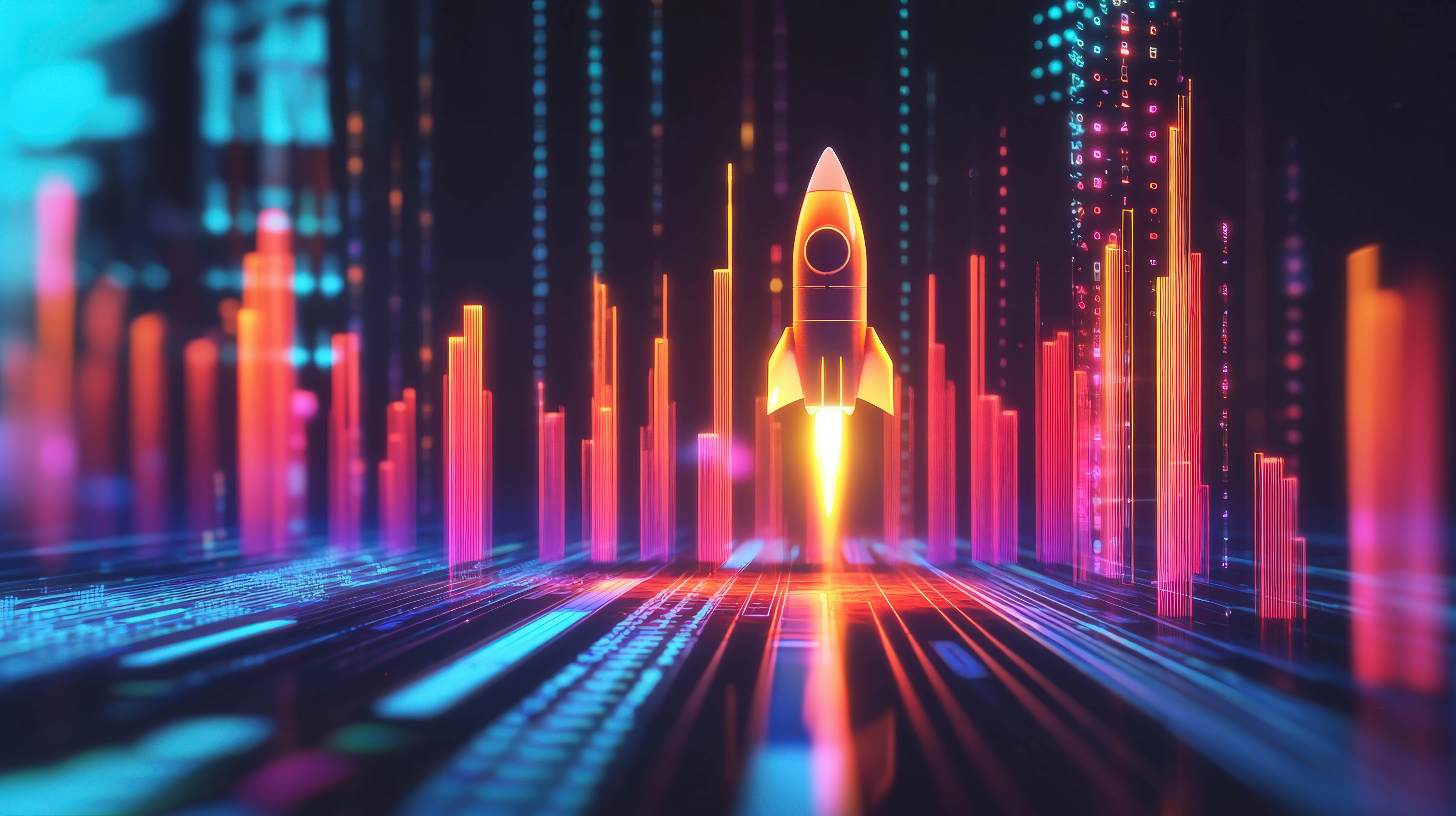 futuristic digital rocket, neon-lit digital cityscape, glowing data charts, 8K Desktop Wallpaper