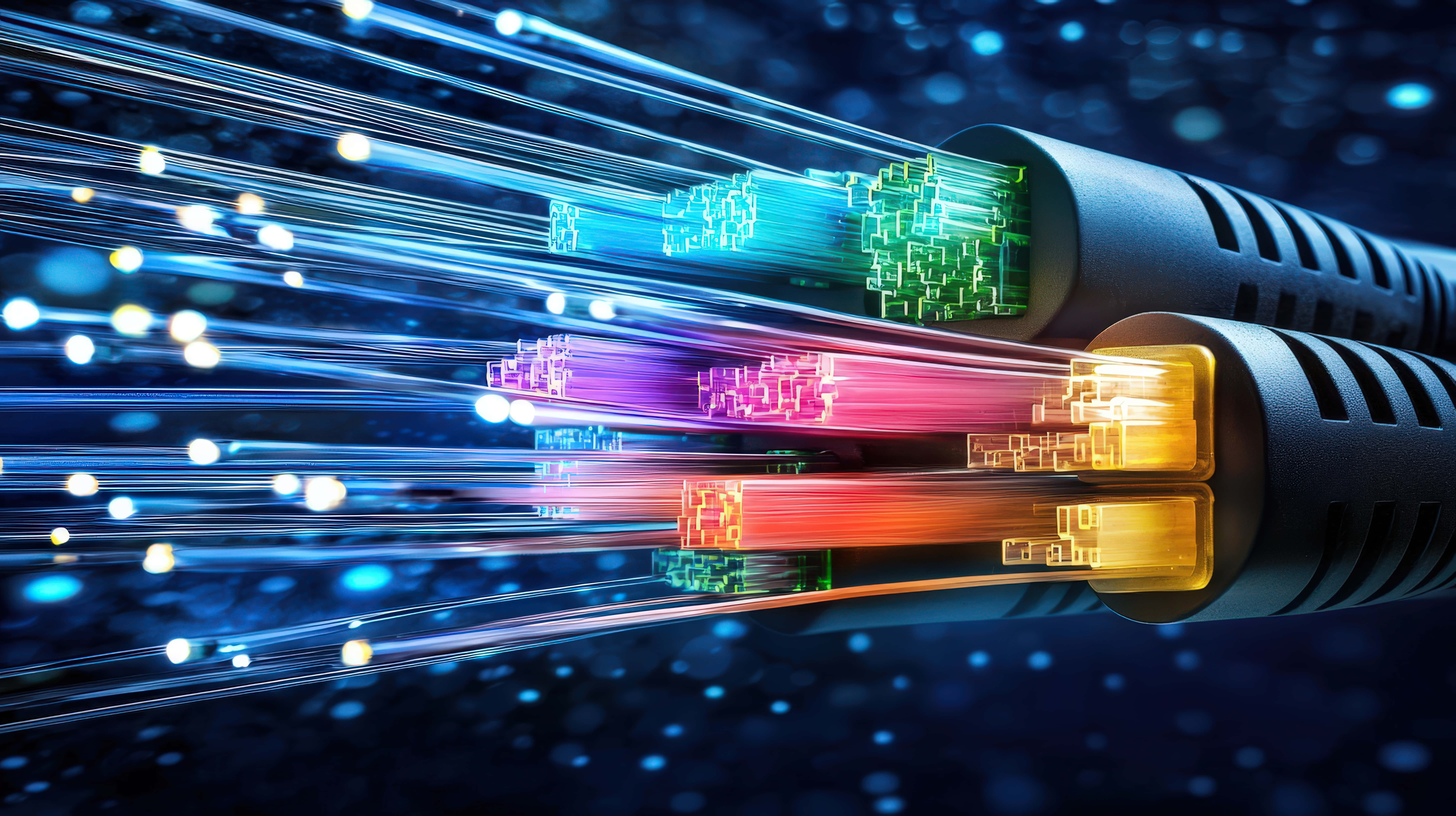 futuristic fiber optic cables, glowing digital data streams, vibrant blue purple pink and orange light, 8K Desktop Wallpaper