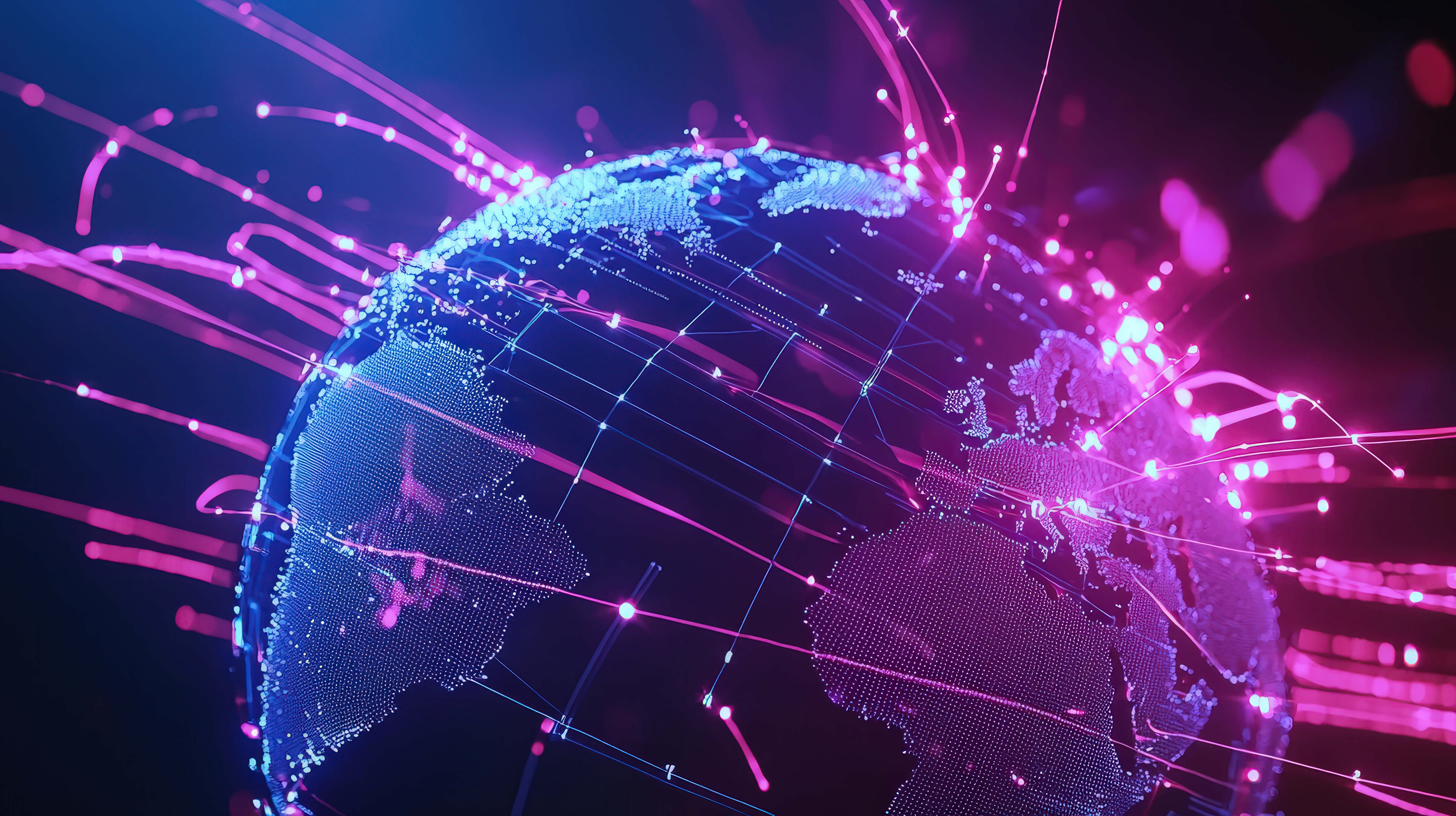 glowing blue digital globe, vibrant pink fiber optic connections, dark background, 8K Desktop Wallpaper