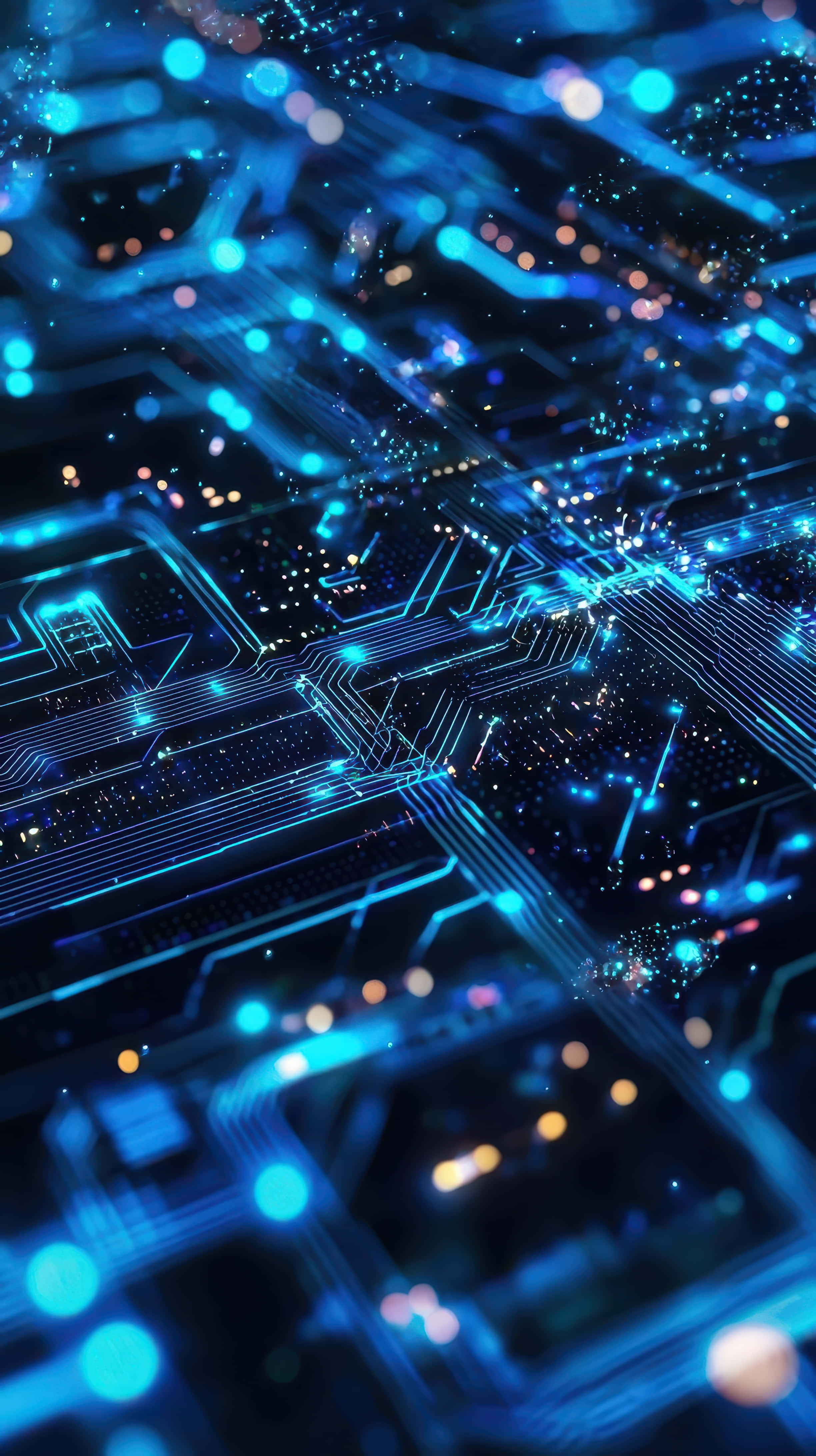 glowing blue circuit board, intricate pathways, sparkling light particles, 4K Phone Wallpaper