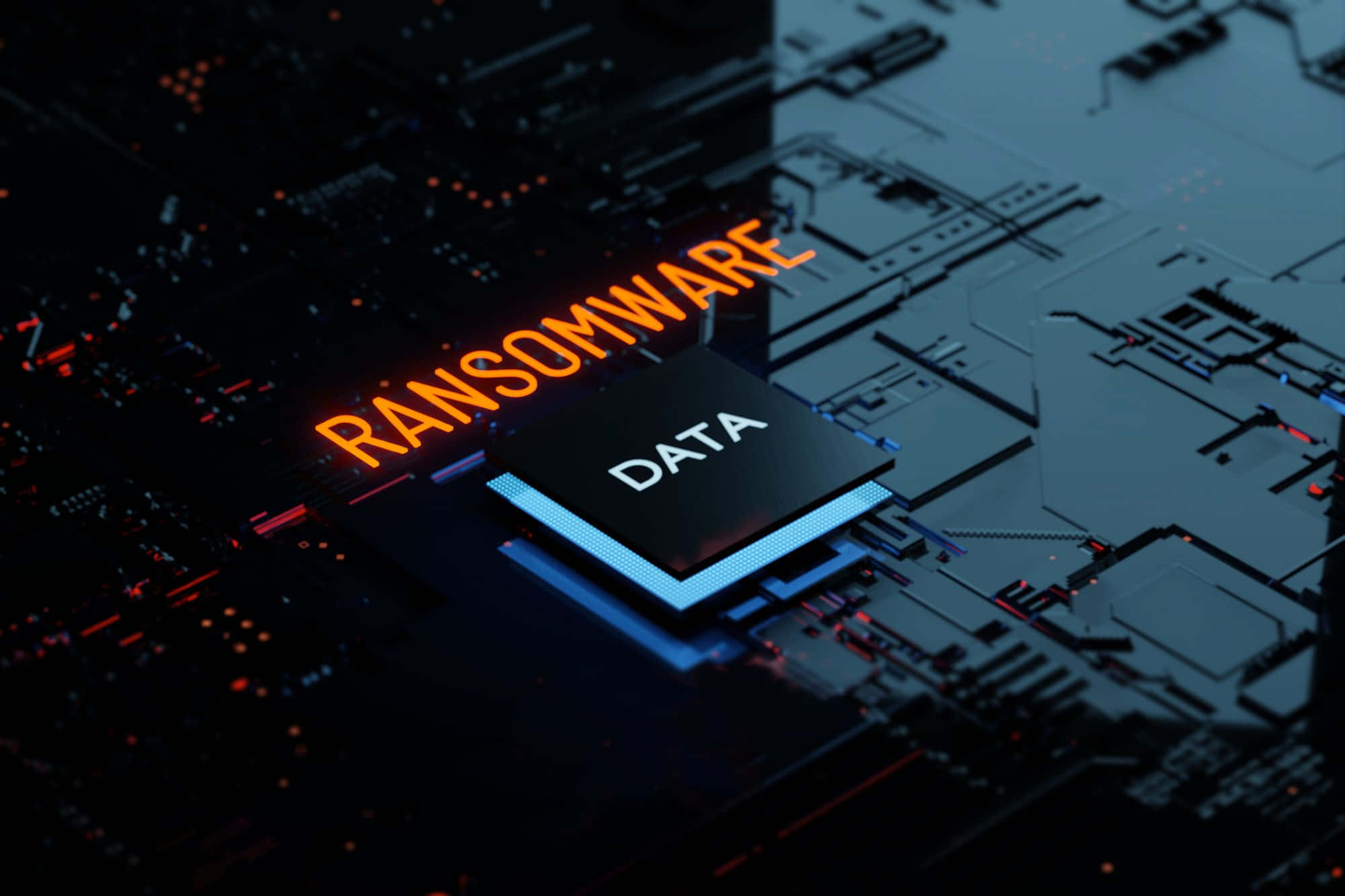 glowing orange ransomware label, blue-lit data chip, dark circuit board, Full HD Desktop Wallpaper