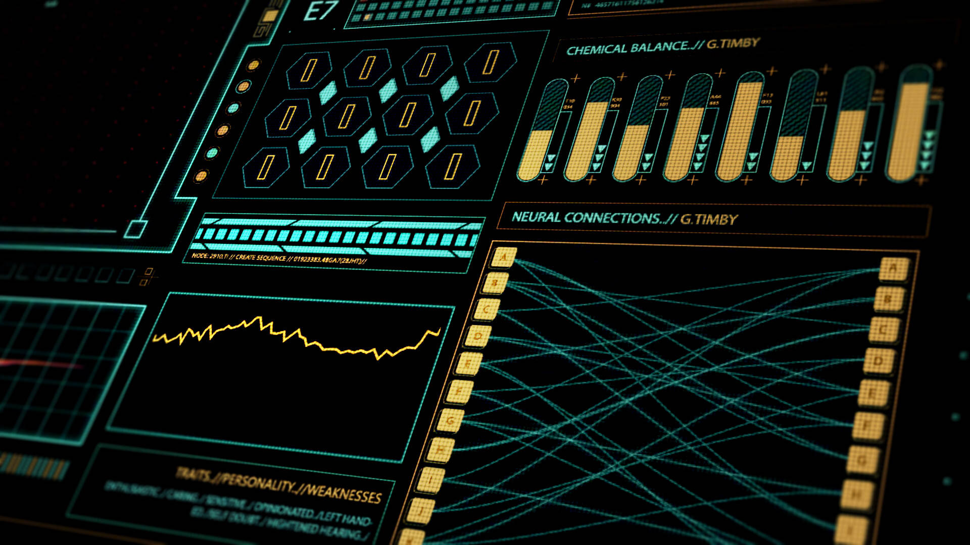 Advanced Medical Database Interface, glowing teal and yellow data panels, neural connections, Full HD Desktop Wallpaper