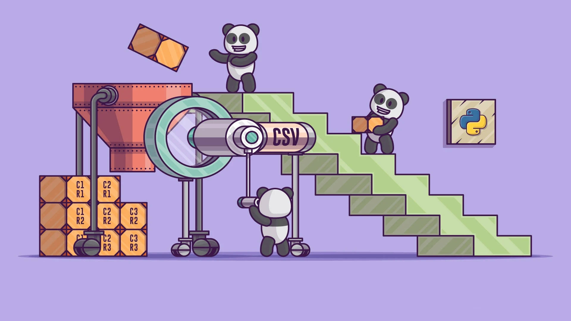 Working Pandas Database, cartoon pandas, whimsical factory, Full HD Desktop Wallpaper