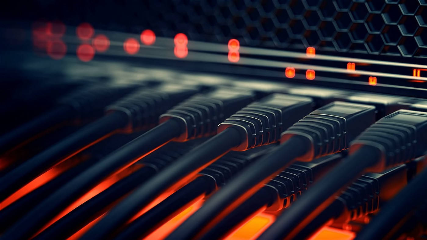 black ethernet cables, server, glowing red indicator lights, HD Desktop Wallpaper