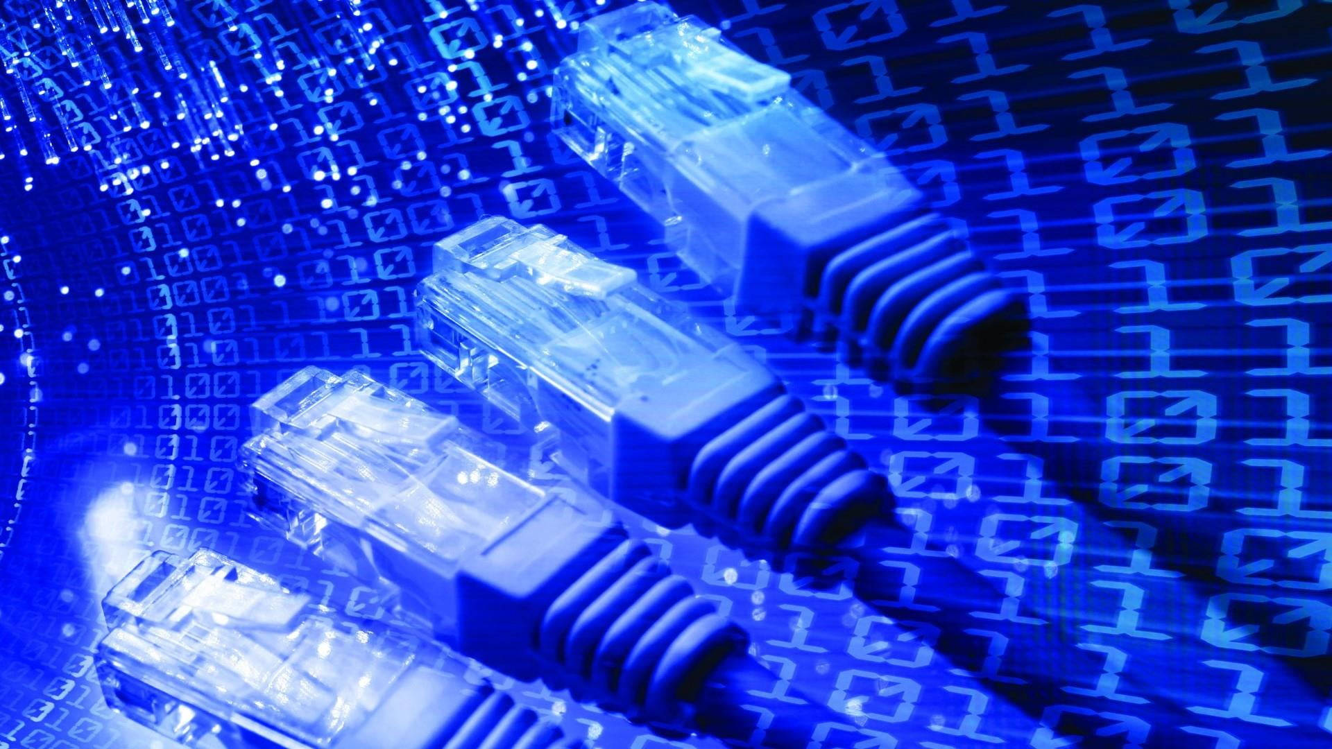 shiny blue ethernet cables, glowing binary code background, tech-themed composition, Full HD Desktop Wallpaper