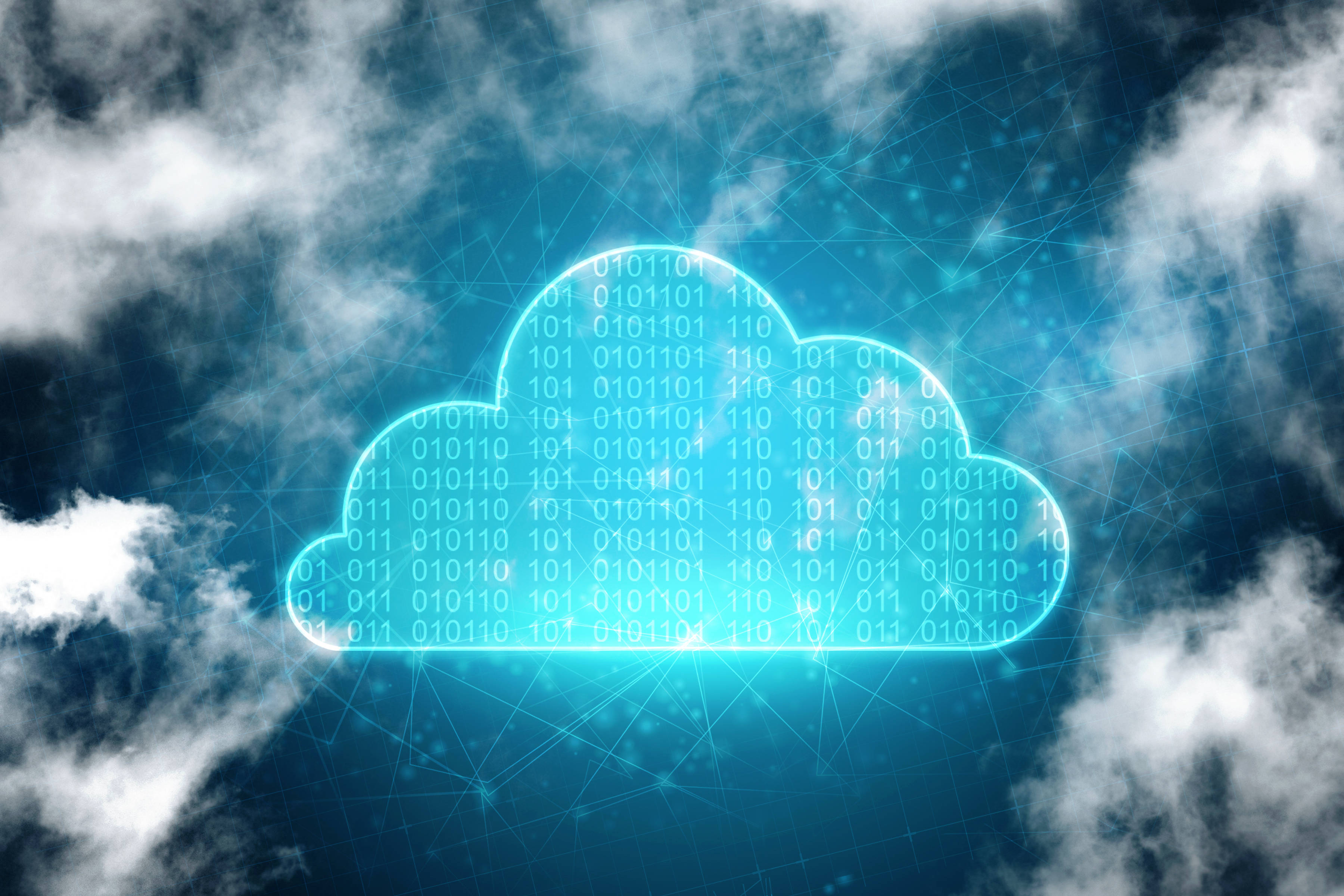 glowing blue cloud, binary code, realistic storm clouds, 2K Desktop Wallpaper