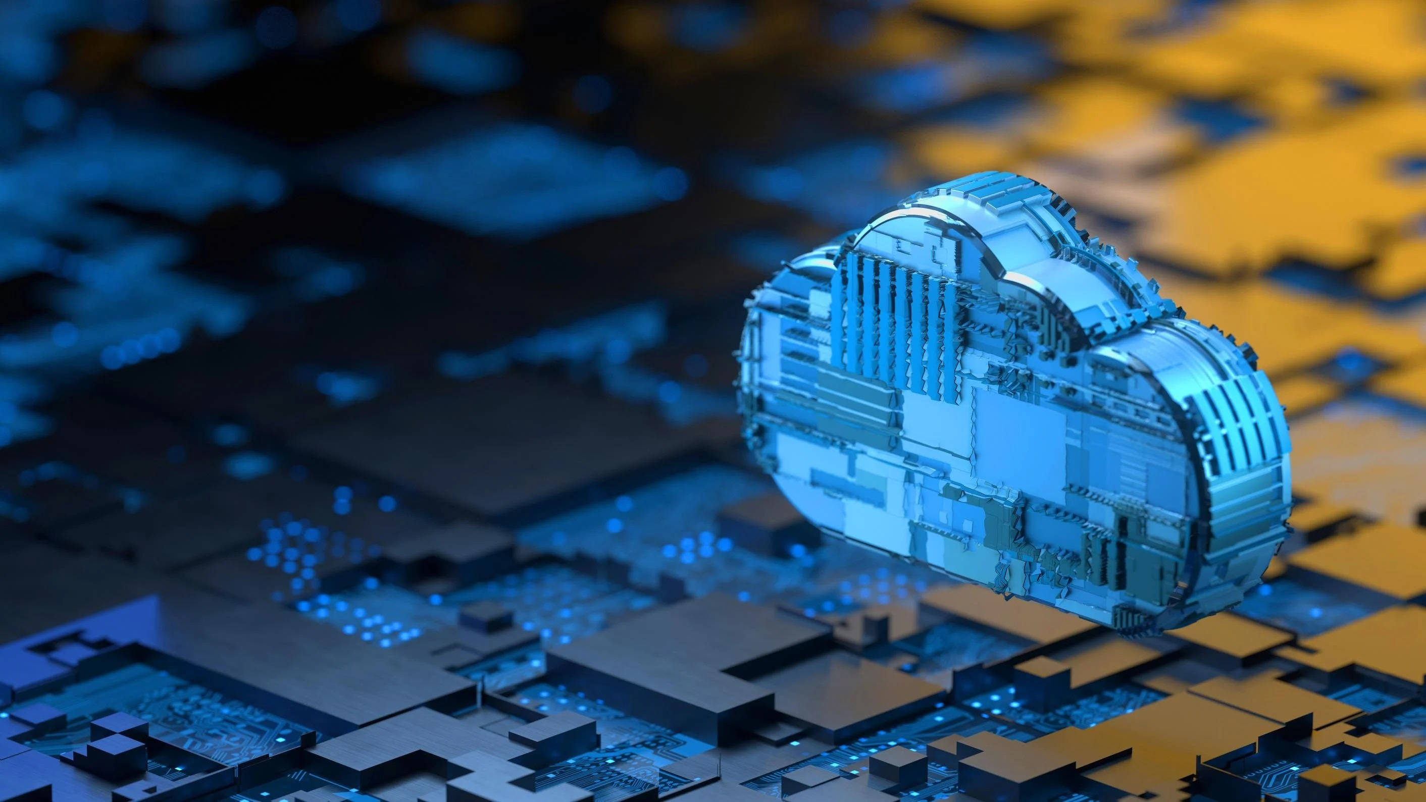 glowing blue cloud-shaped server, detailed circuit board, warm yellow and cool blue lighting, 2K Desktop Wallpaper