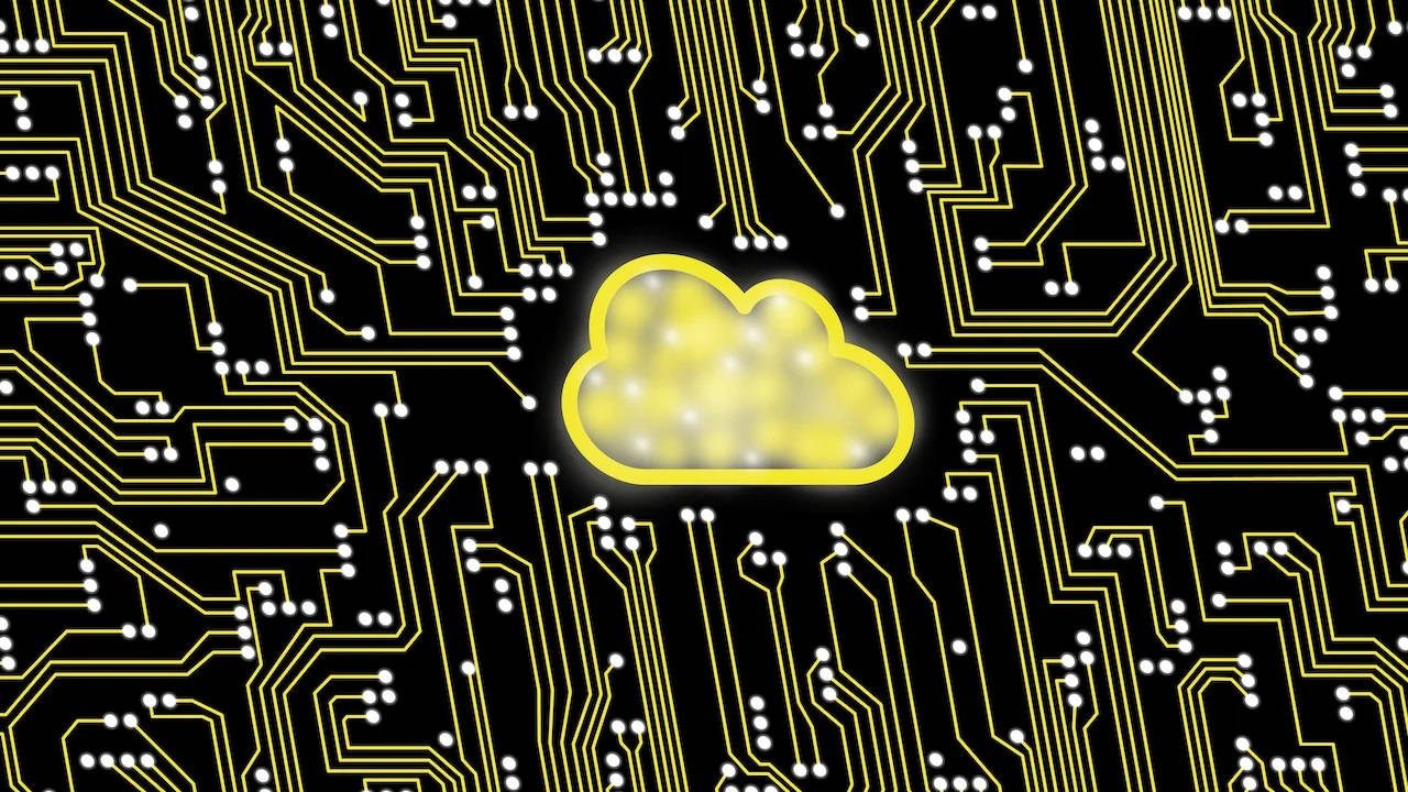 yellow cloud storage icon, circuit board, golden pathways, HD Desktop Wallpaper