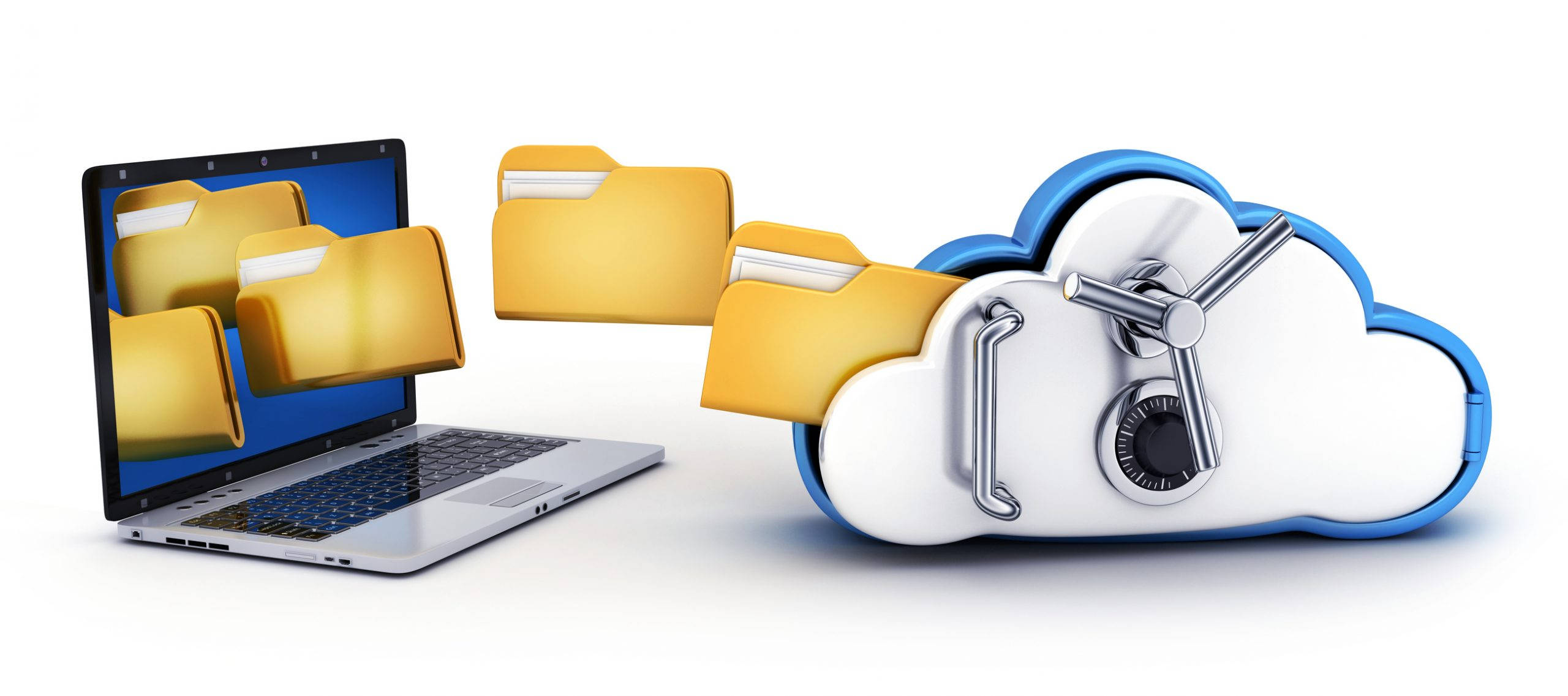 silver laptop, yellow folders, blue and white cloud, 2K Desktop Wallpaper