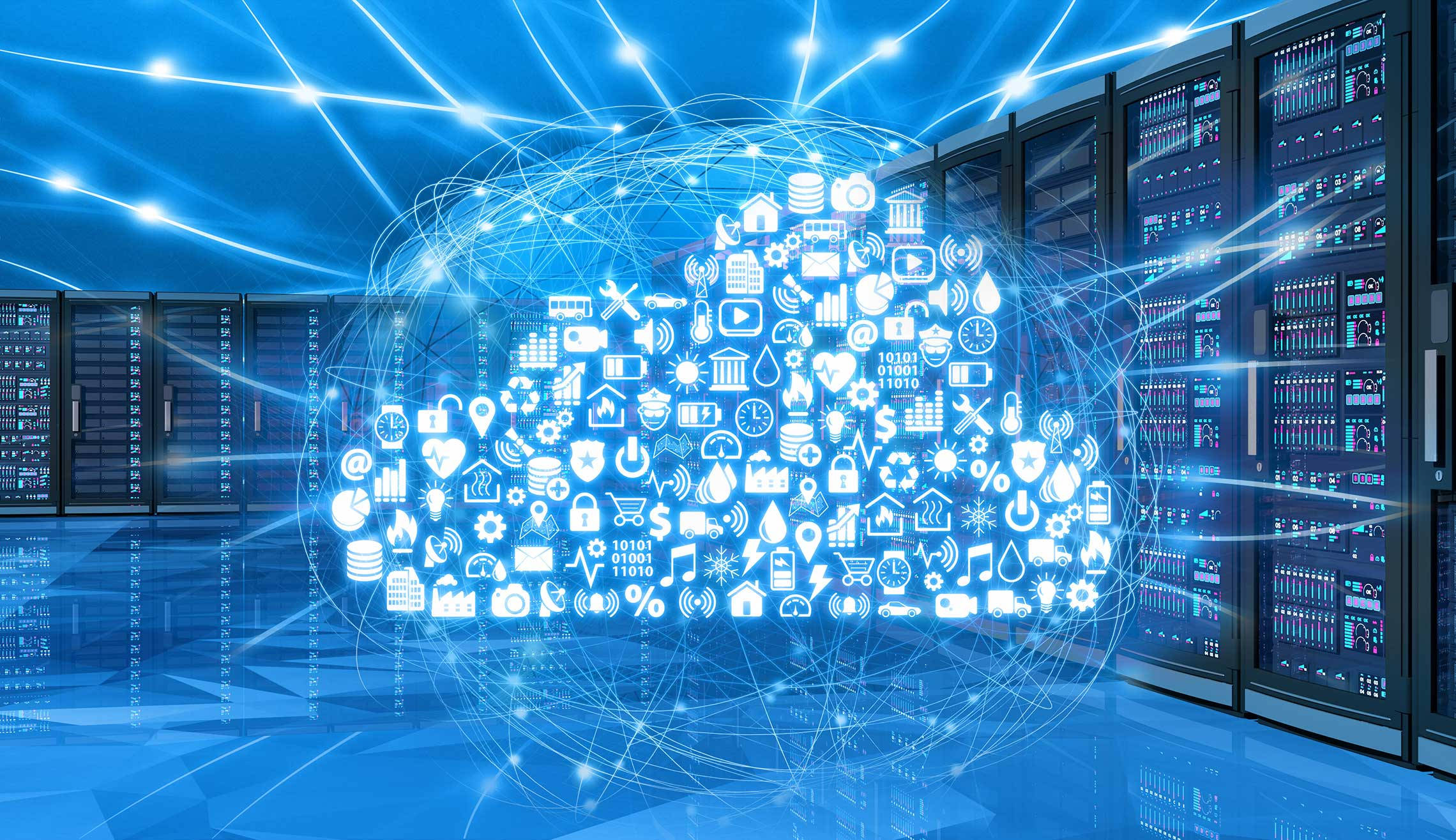 glowing blue digital cloud, white tech icons, server racks, Full HD Desktop Wallpaper
