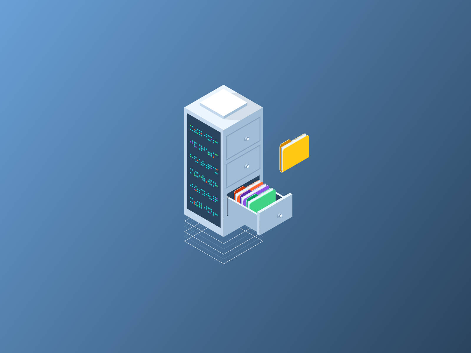 minimalist database icon, isometric filing cabinet, glowing digital code, HD Desktop Wallpaper
