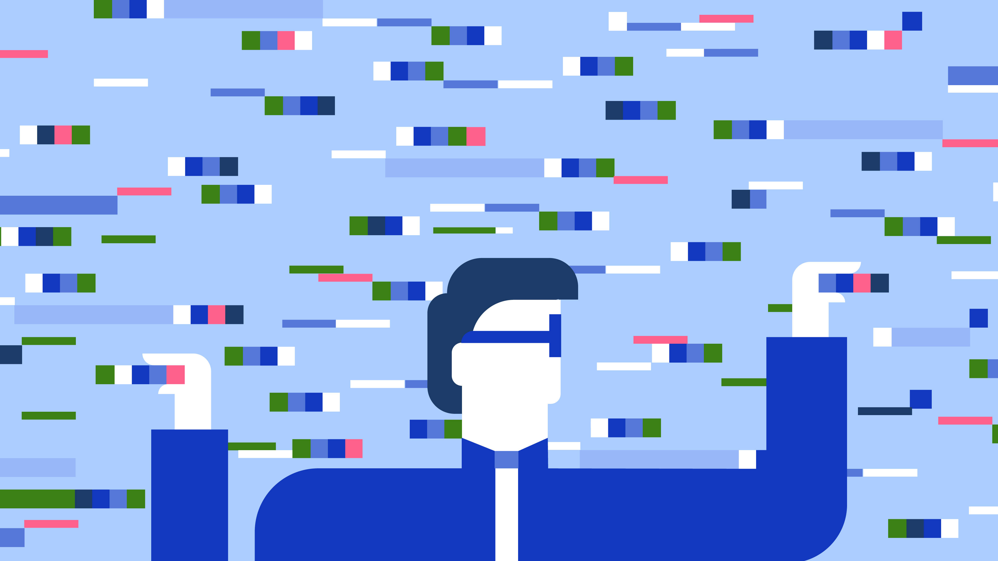 Man In Database, blue suit, floating digital bars, 4K Desktop Wallpaper