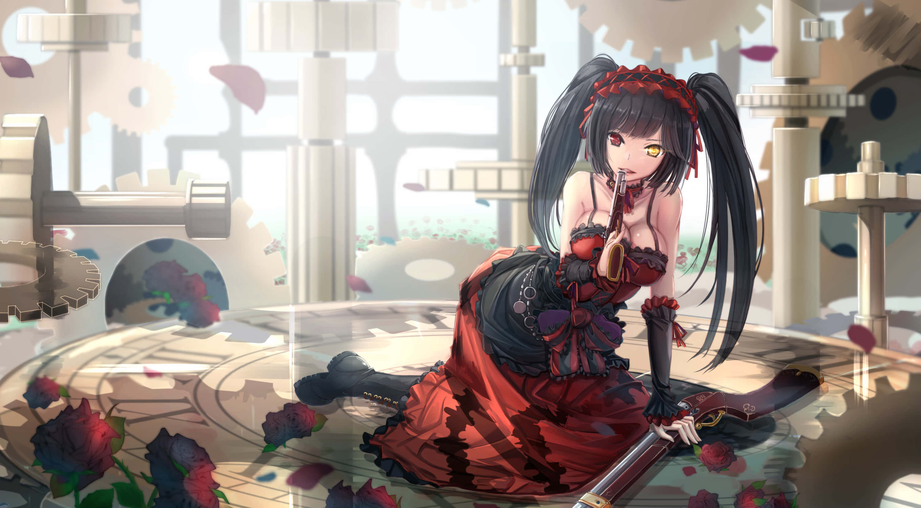 Date A Live, red gothic dress, falling roses, 2K Desktop Wallpaper