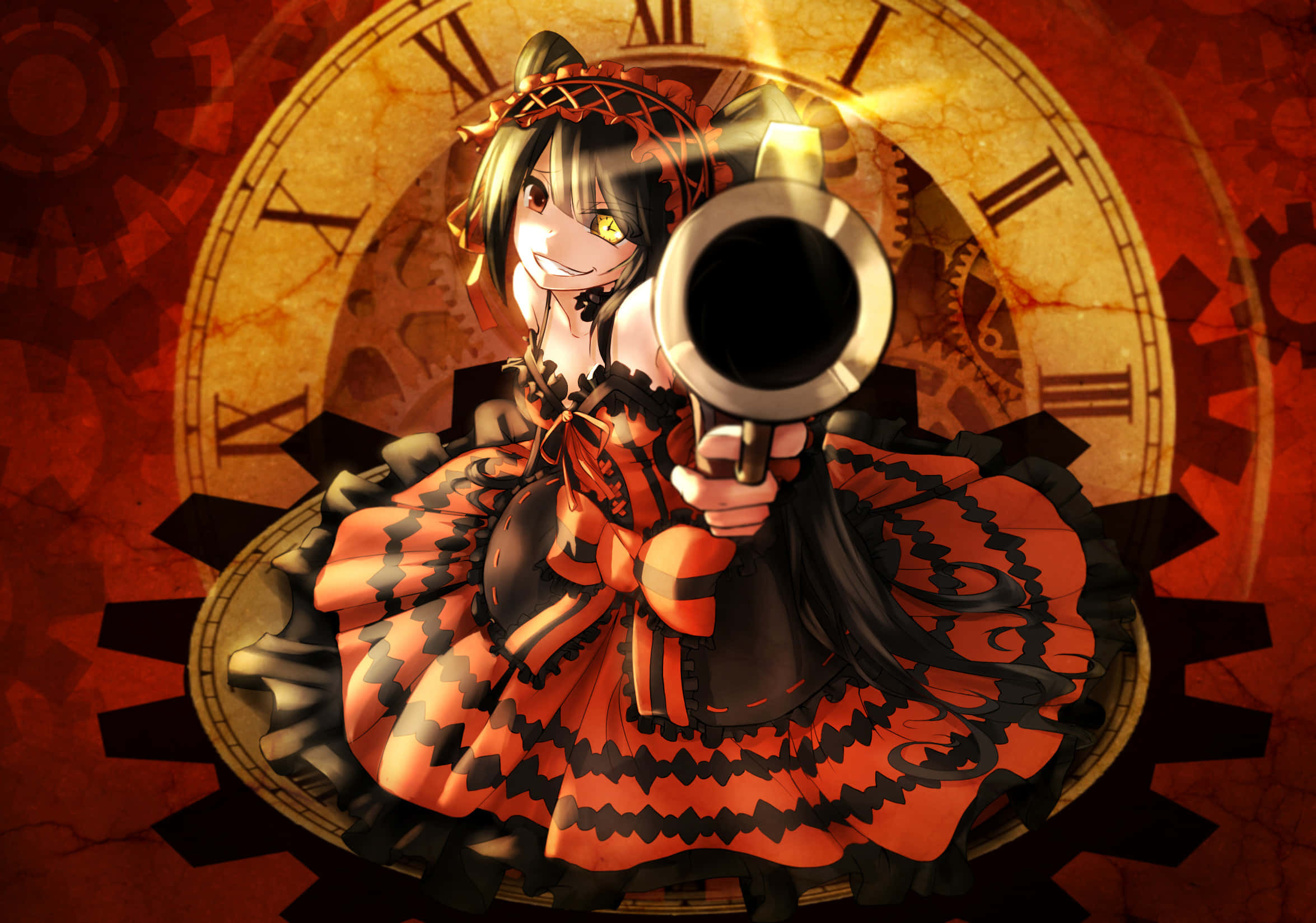 Date A Live, orange and black dress, steampunk clock backdrop, Full HD Desktop Wallpaper