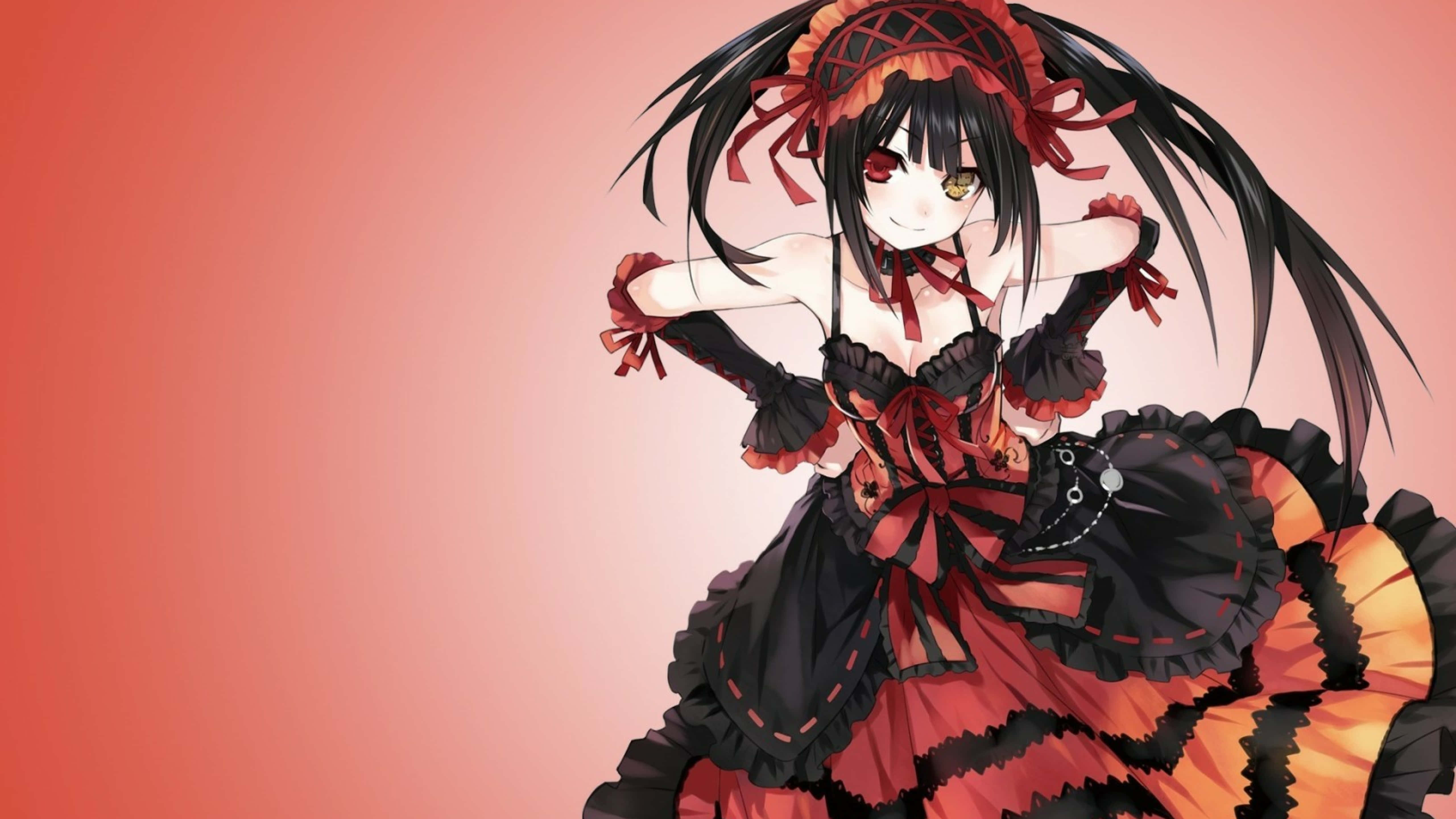 Date A Live, red dress, black hair, 5K Desktop Wallpaper