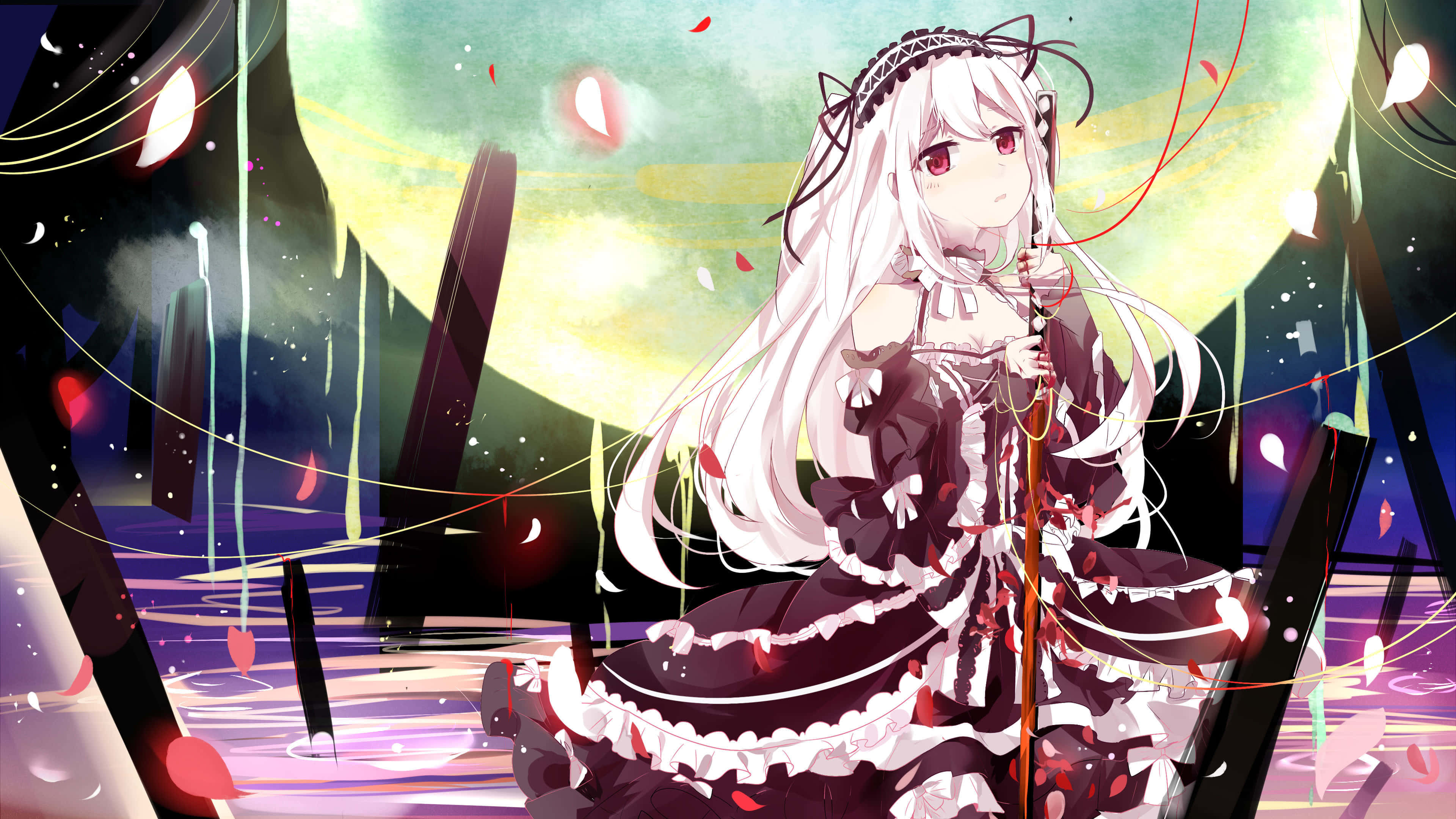 Date A Live, white-haired anime girl, black frilly dress, 4K Desktop Wallpaper