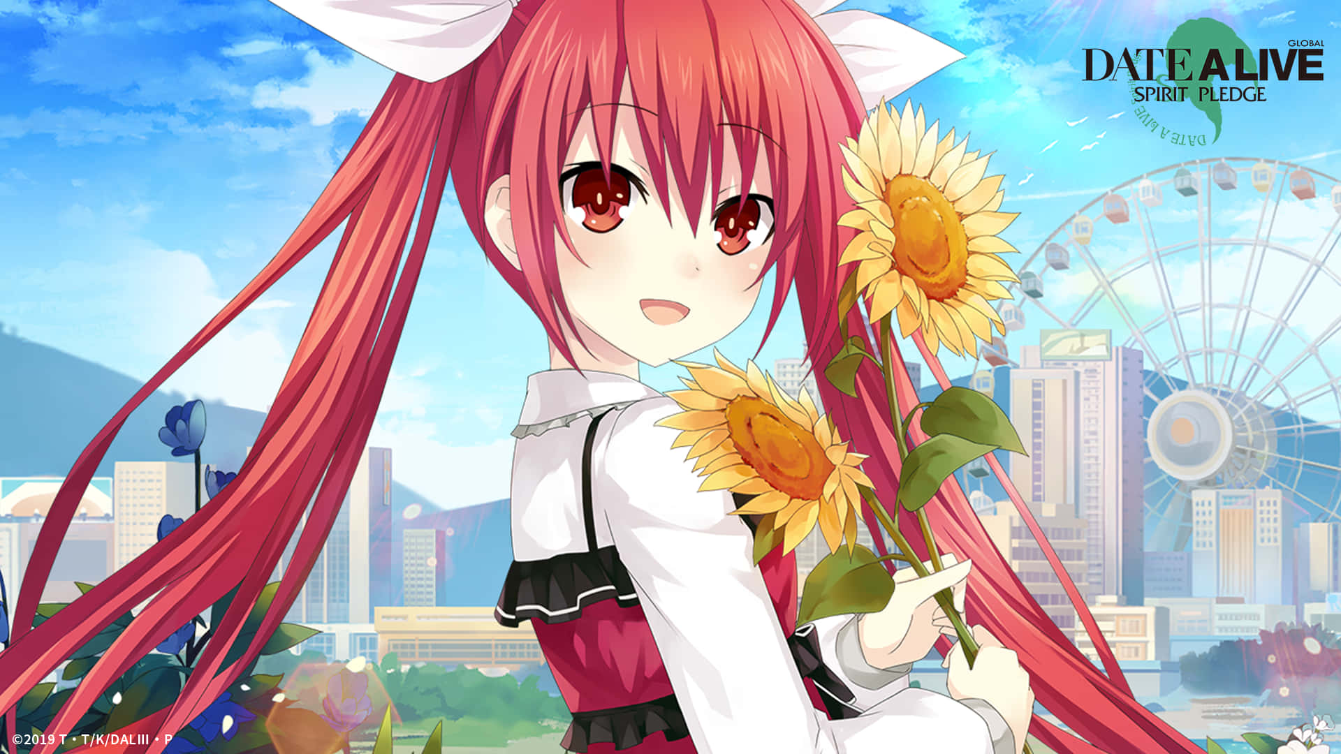 Date A Live, long red hair, sunflowers, Full HD Desktop Wallpaper
