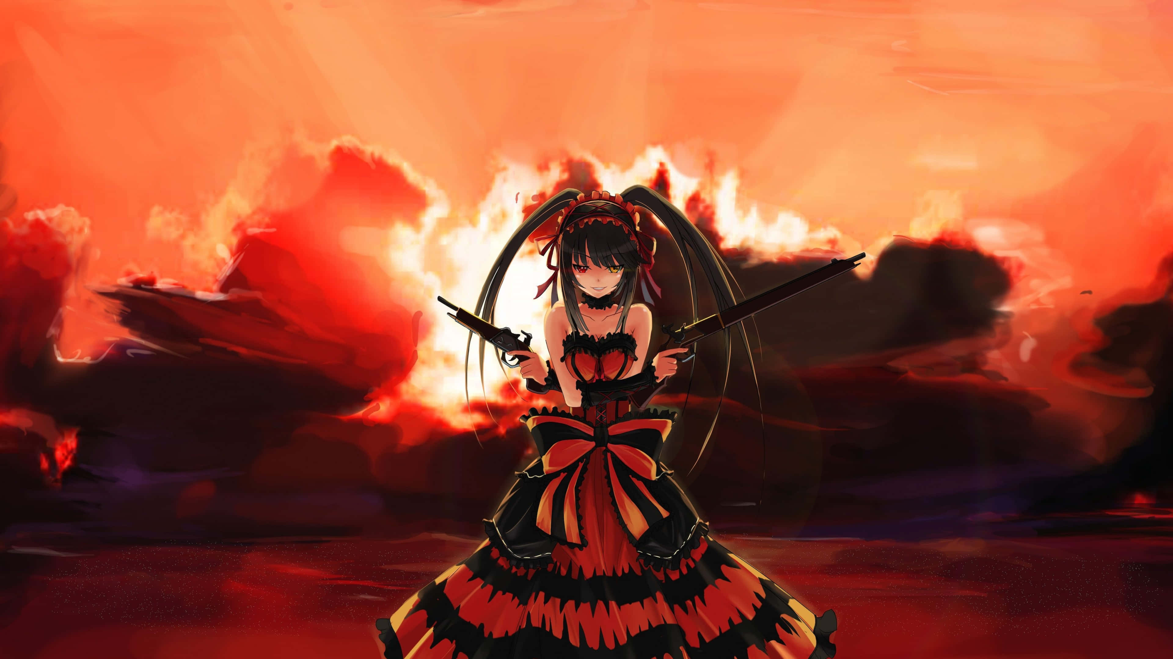 Date A Live, dark-haired anime girl, red and black dress, 4K Desktop Wallpaper