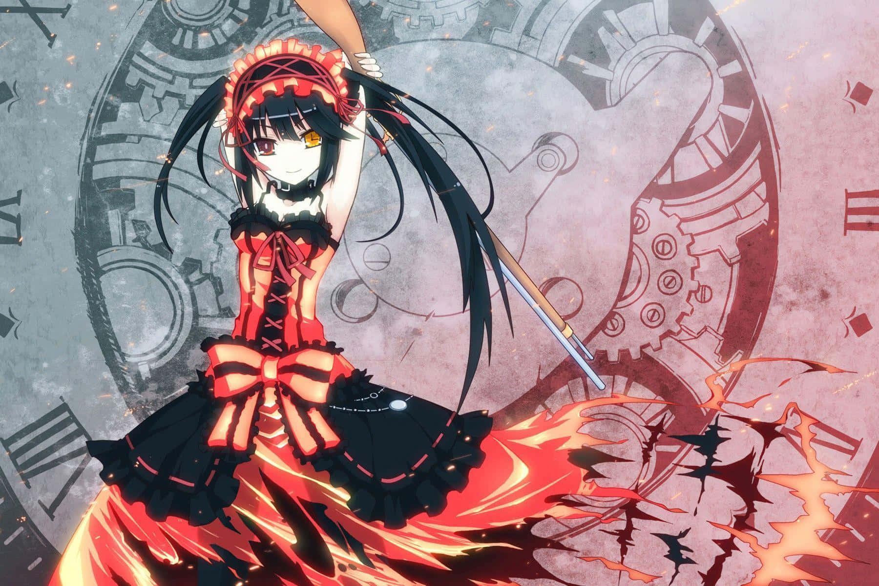 Date A Live, red and black dress, giant clockwork gear, HD Desktop Wallpaper