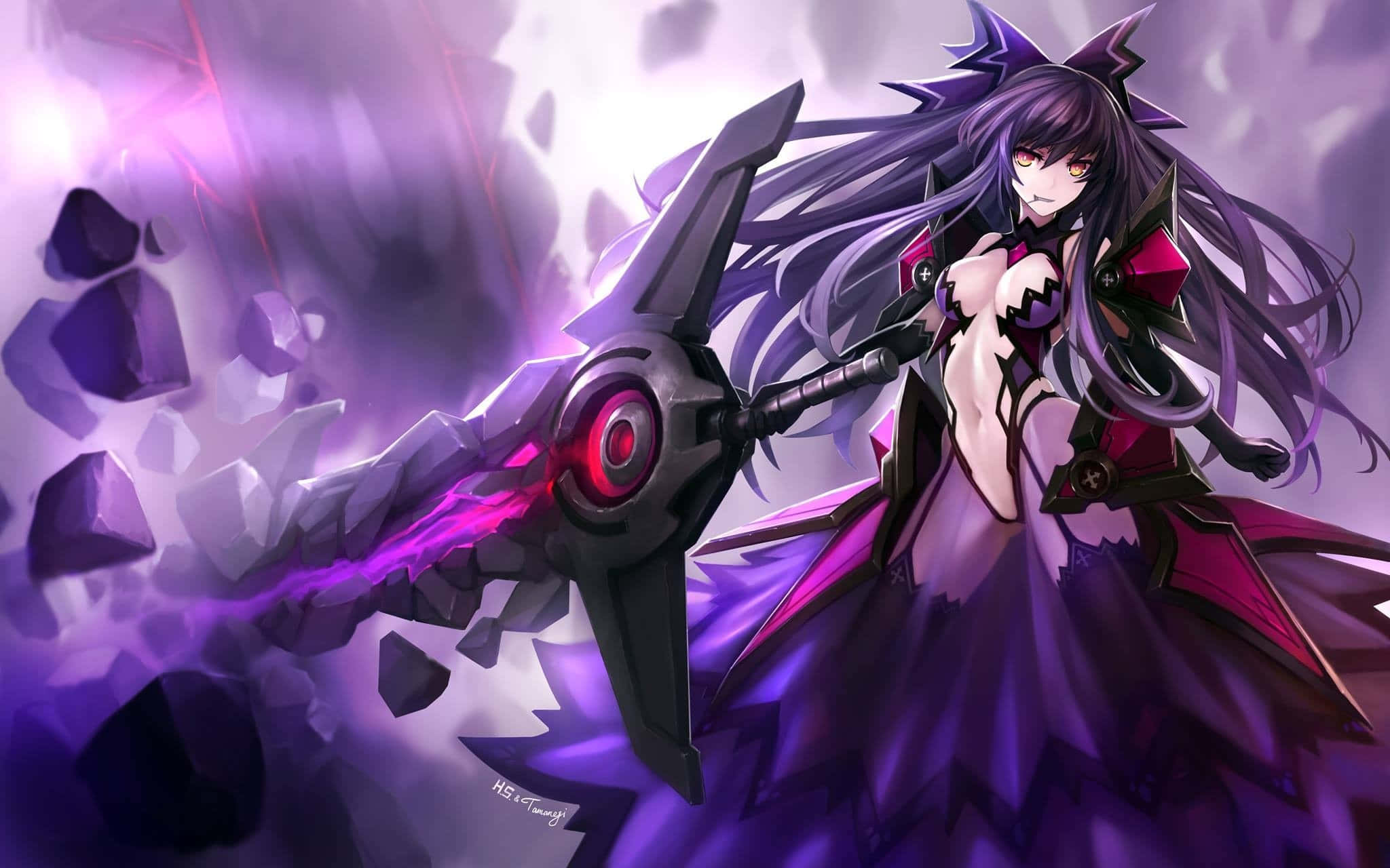 Date A Live, dark-haired anime girl, glowing purple sword, Full HD Desktop Wallpaper