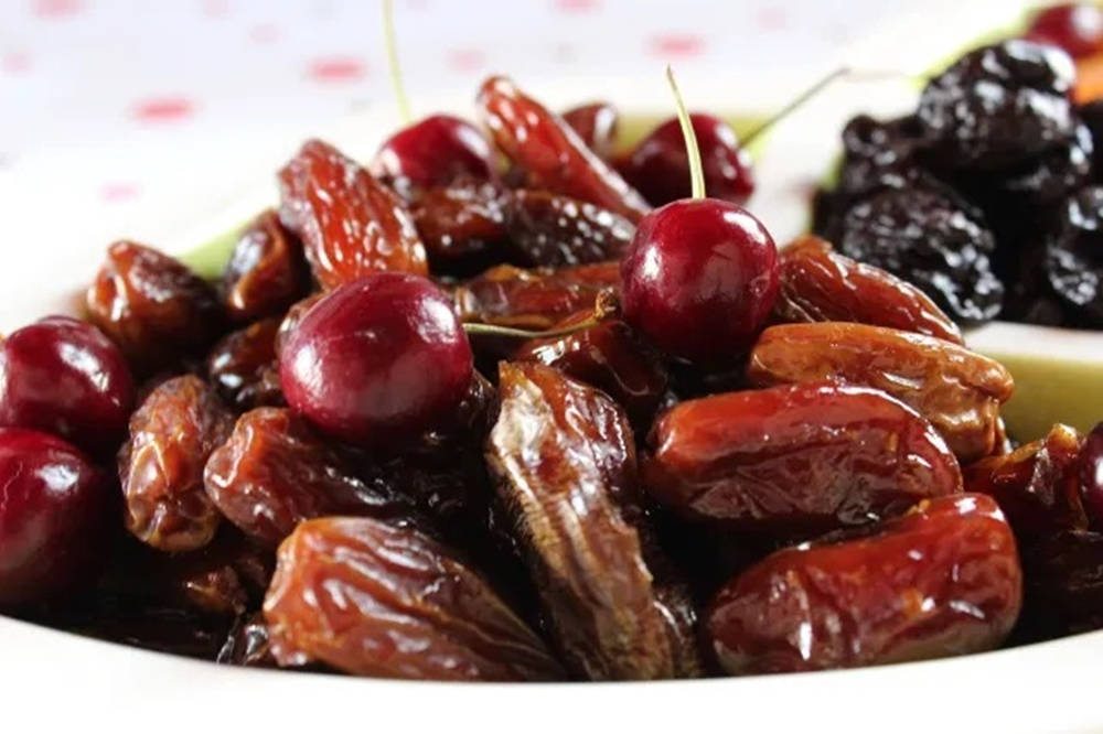 cherries, dates, white bowl, SD Desktop Wallpaper